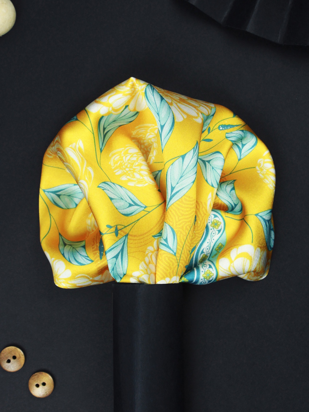 

House of Pataudi Bloom Elegance Printed Silk Pocket Square, Yellow