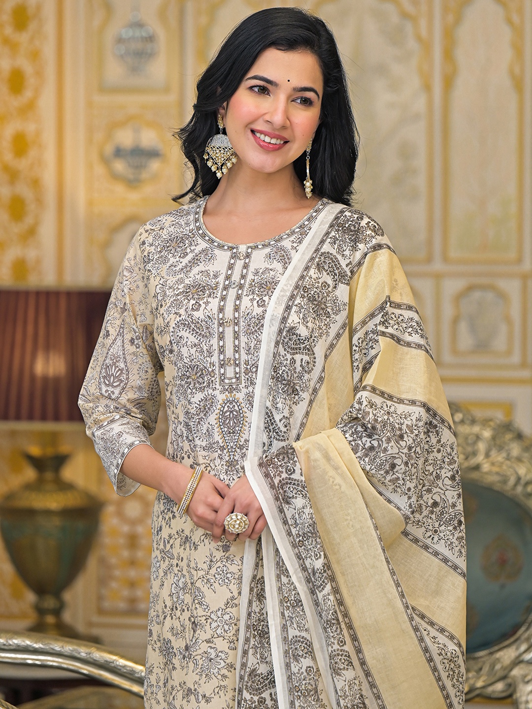 

Varanga Women Paisley Printed Regular Beads and Stones Pure Cotton Kurta with Trousers & With Dupatta, Beige