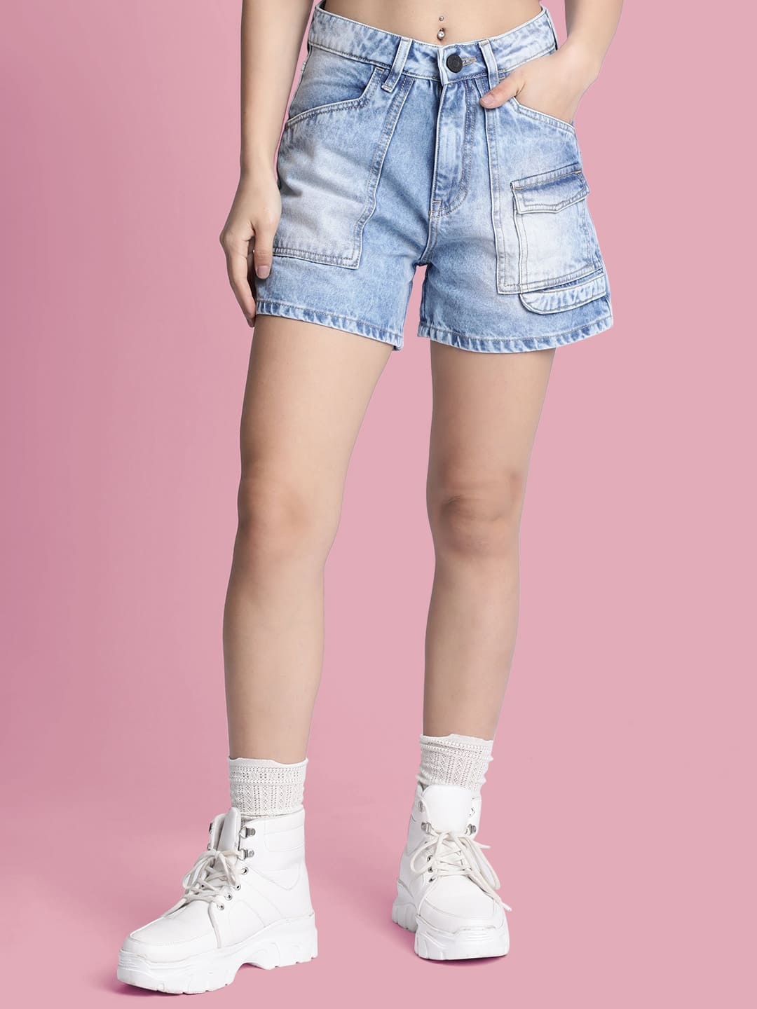 

Bene Kleed Women High-Rise Cargo Shorts, Blue