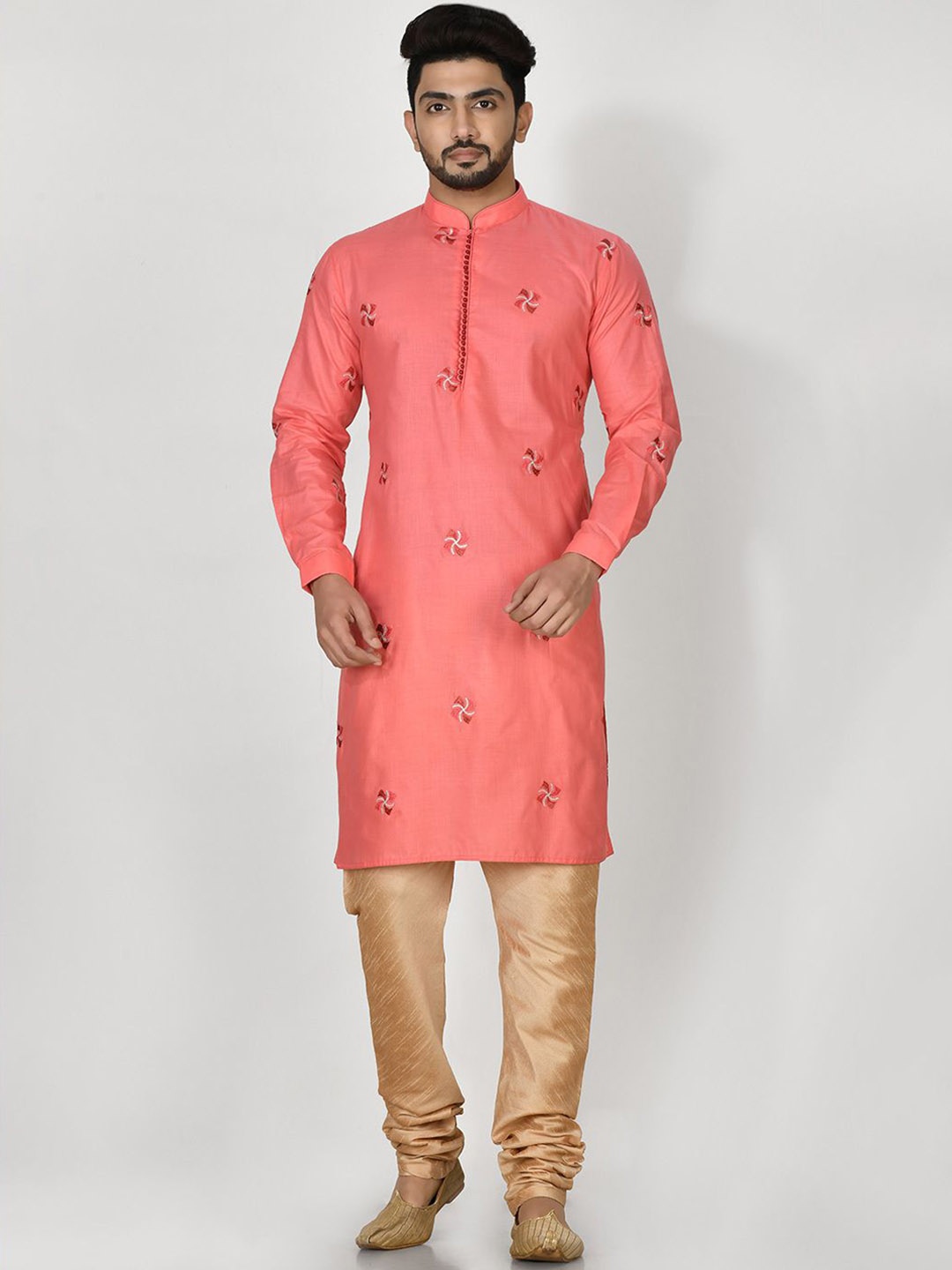 

RANAK Men Floral Embroidered Regular Thread Work Pure Cotton Kurta with Pyjamas, Pink