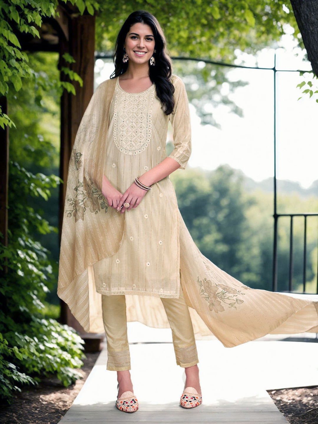

Anouk Women Embroidered Regular Thread Work Chanderi Cotton Kurta with Trousers & With Dupatta, Cream