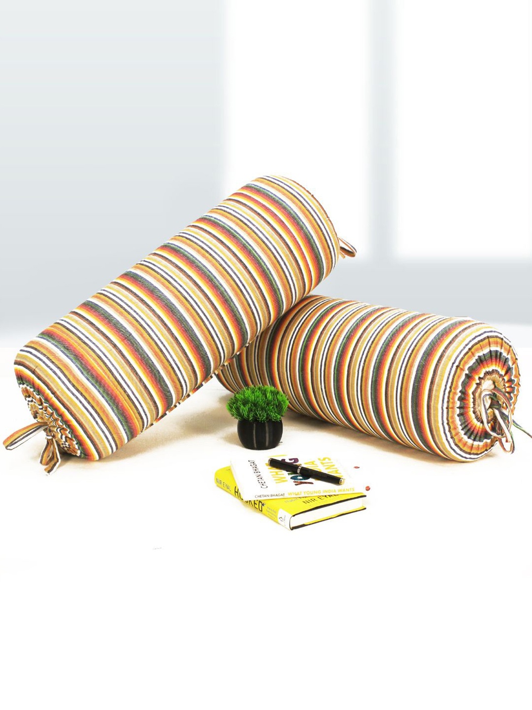 

Aurave Red & Mustard 2 Pieces Striped Pure Cotton Bolster Covers