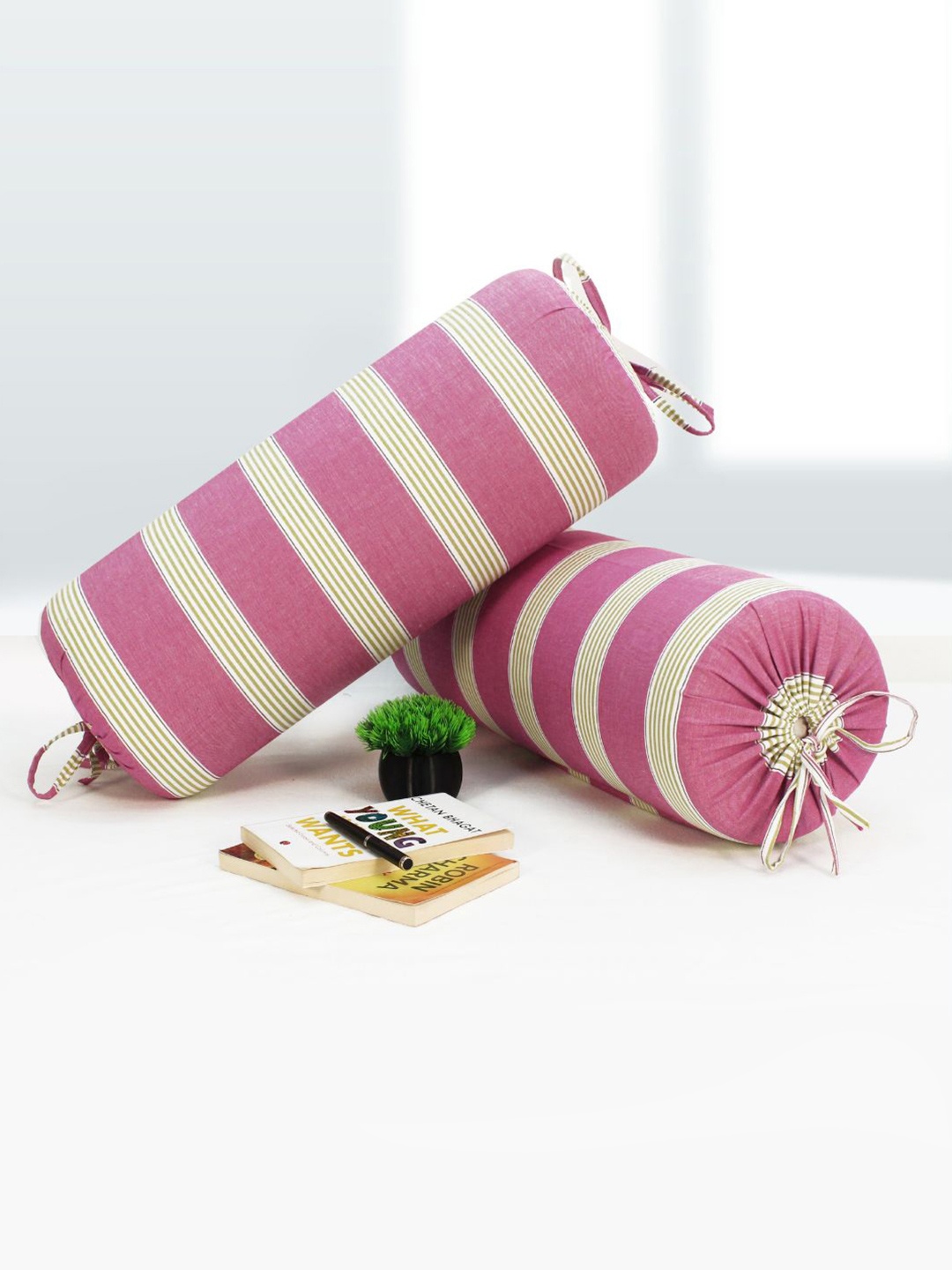 

Aurave Cream & Pink 2 Pieces Striped Pure Cotton Bolster Covers