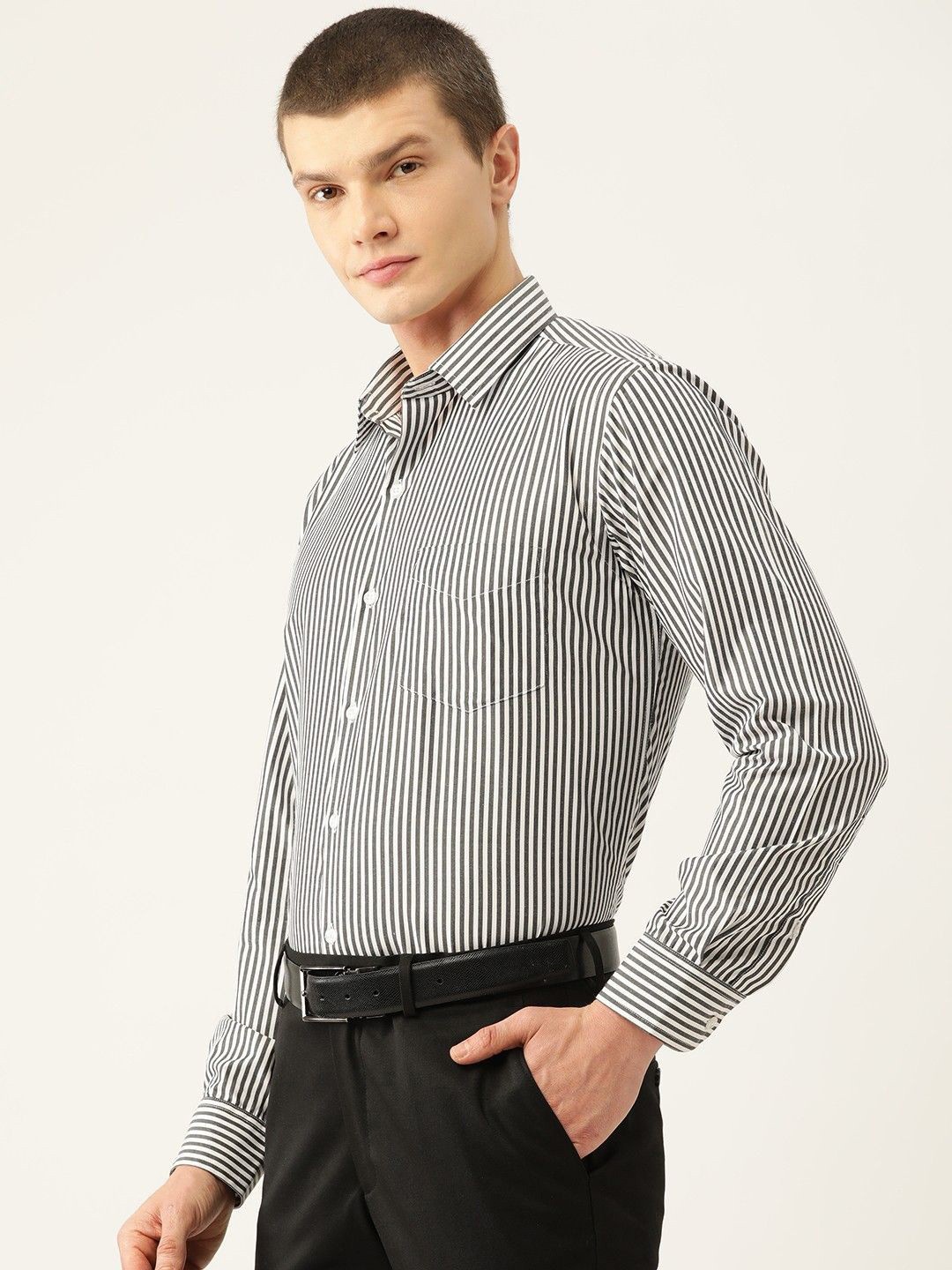 

PulseIQ Men Slim Fit Opaque Striped Formal Shirt, Black