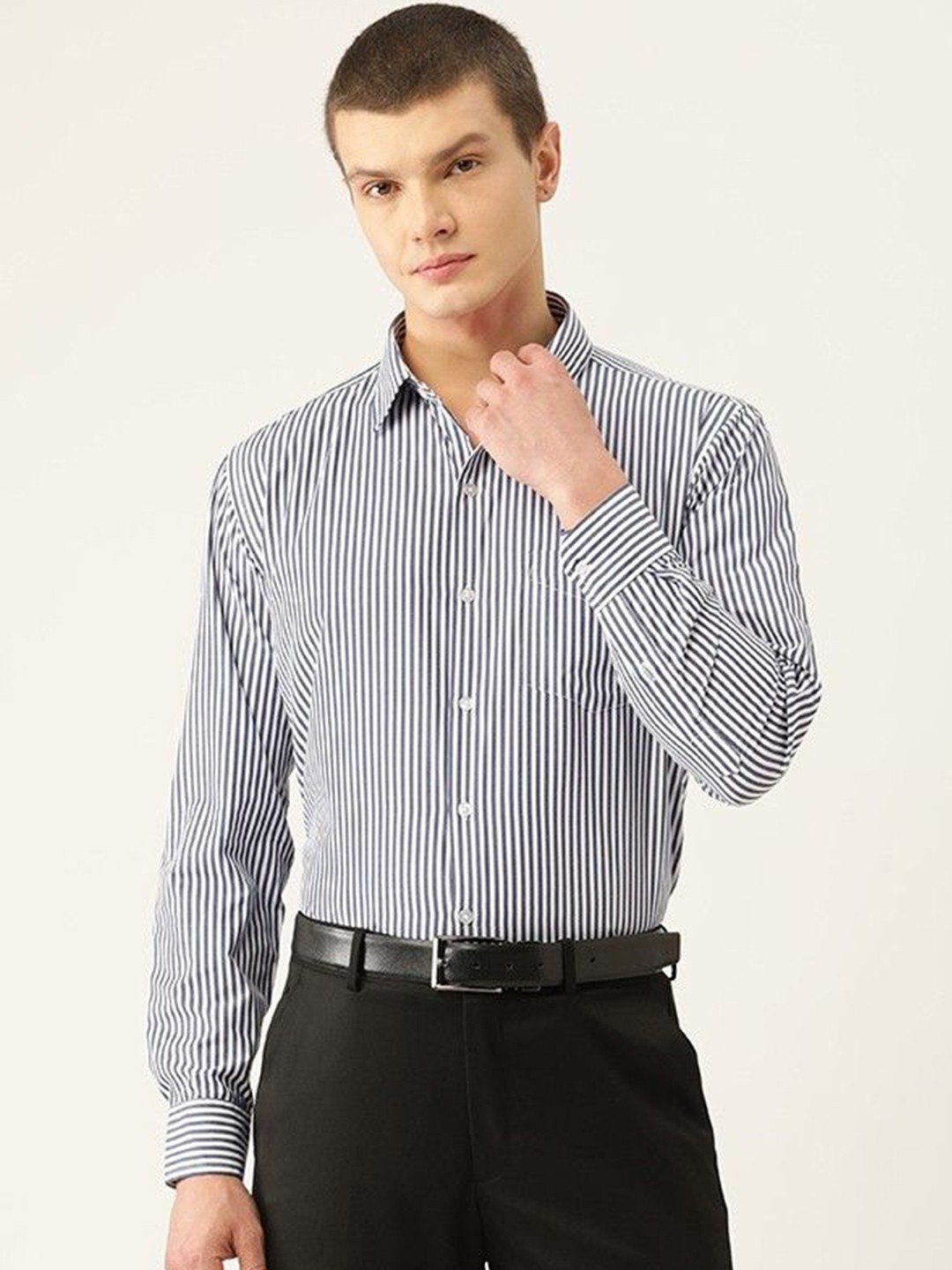 

PulseIQ Men Slim Fit Opaque Striped Formal Shirt, Navy blue