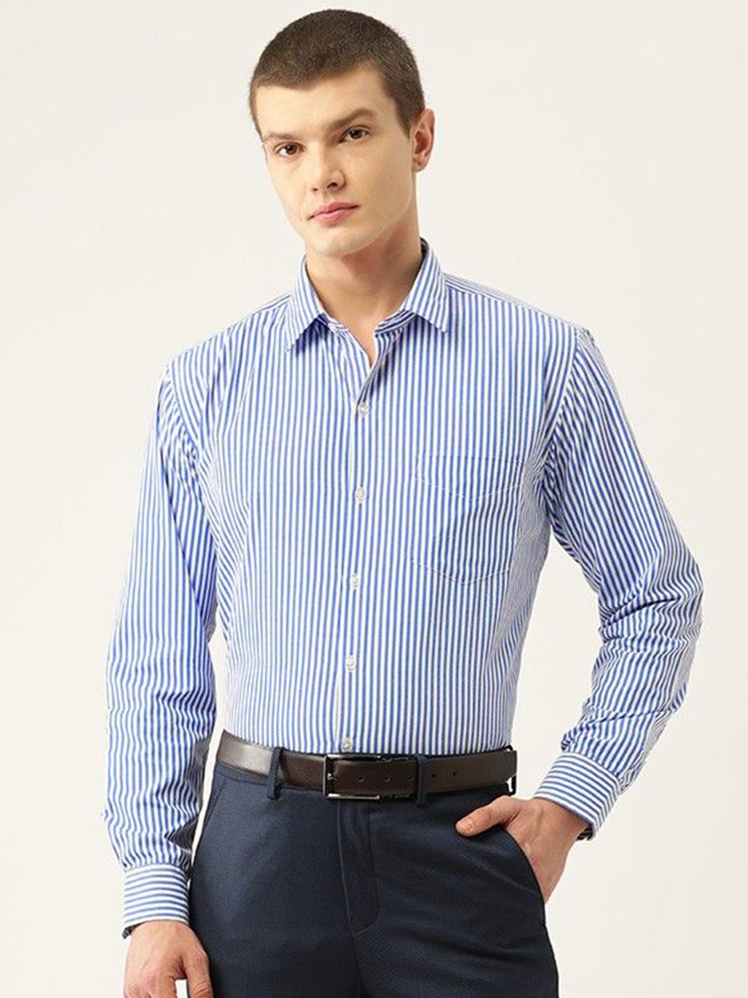 

PulseIQ Men Slim Fit Opaque Striped Formal Shirt, Blue