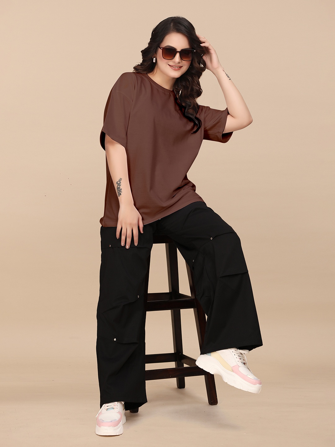 

Moda Rapido Women Solid Round Neck Cotton Relaxed Fit T-shirt, Coffee brown