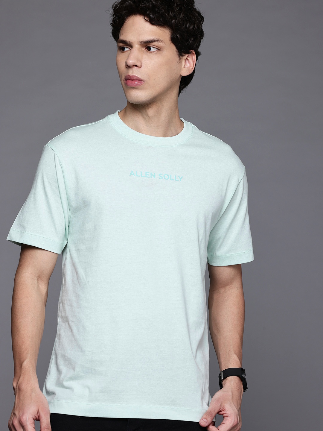 

Allen Solly Brand Logo Drop-Shoulder Sleeves Pure Cotton T-shirt, Blue