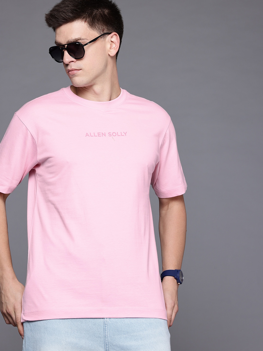 

Allen Solly Brand Logo Drop-Shoulder Sleeves Pure Cotton T-shirt, Pink