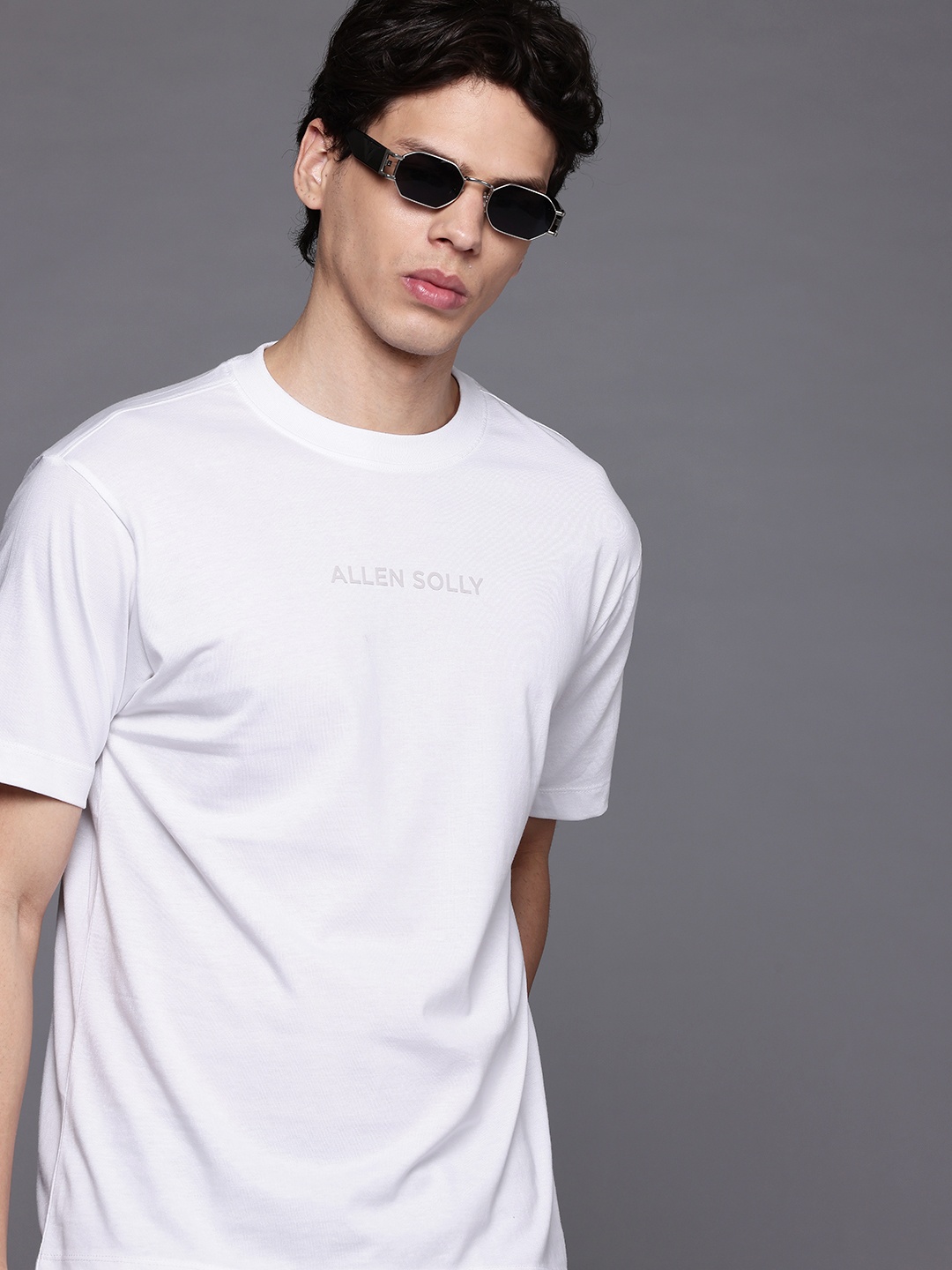 

Allen Solly Brand Logo Drop-Shoulder Sleeves Pure Cotton T-shirt, White