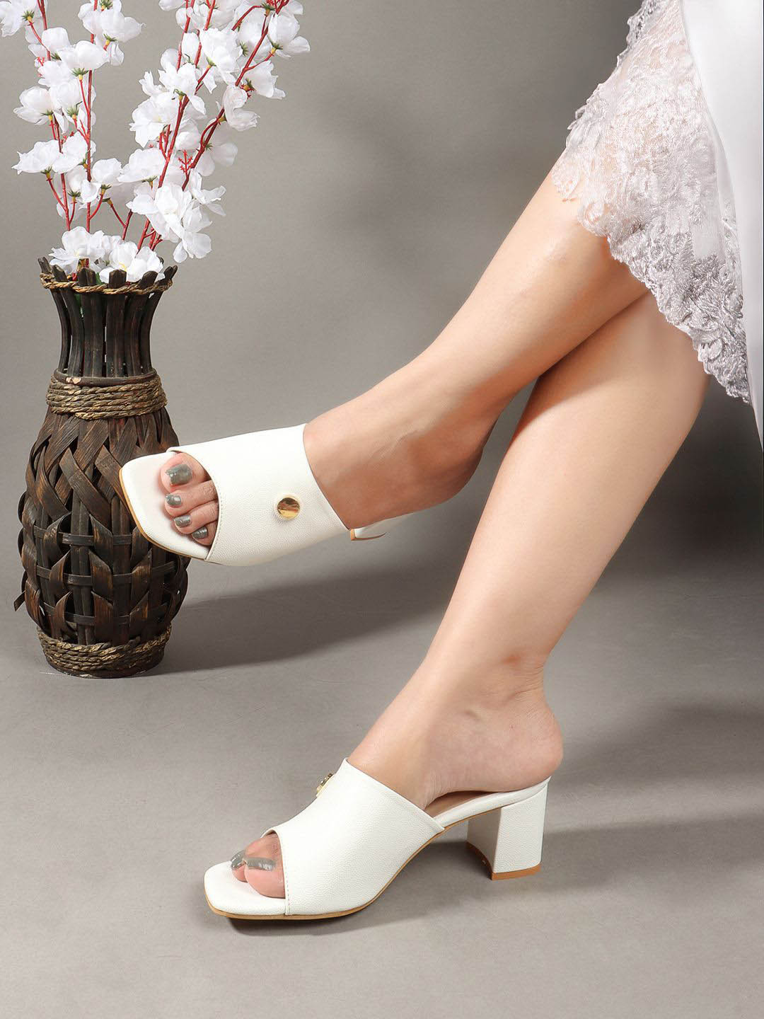 

DressBerry Textured Party Block Sandals, White