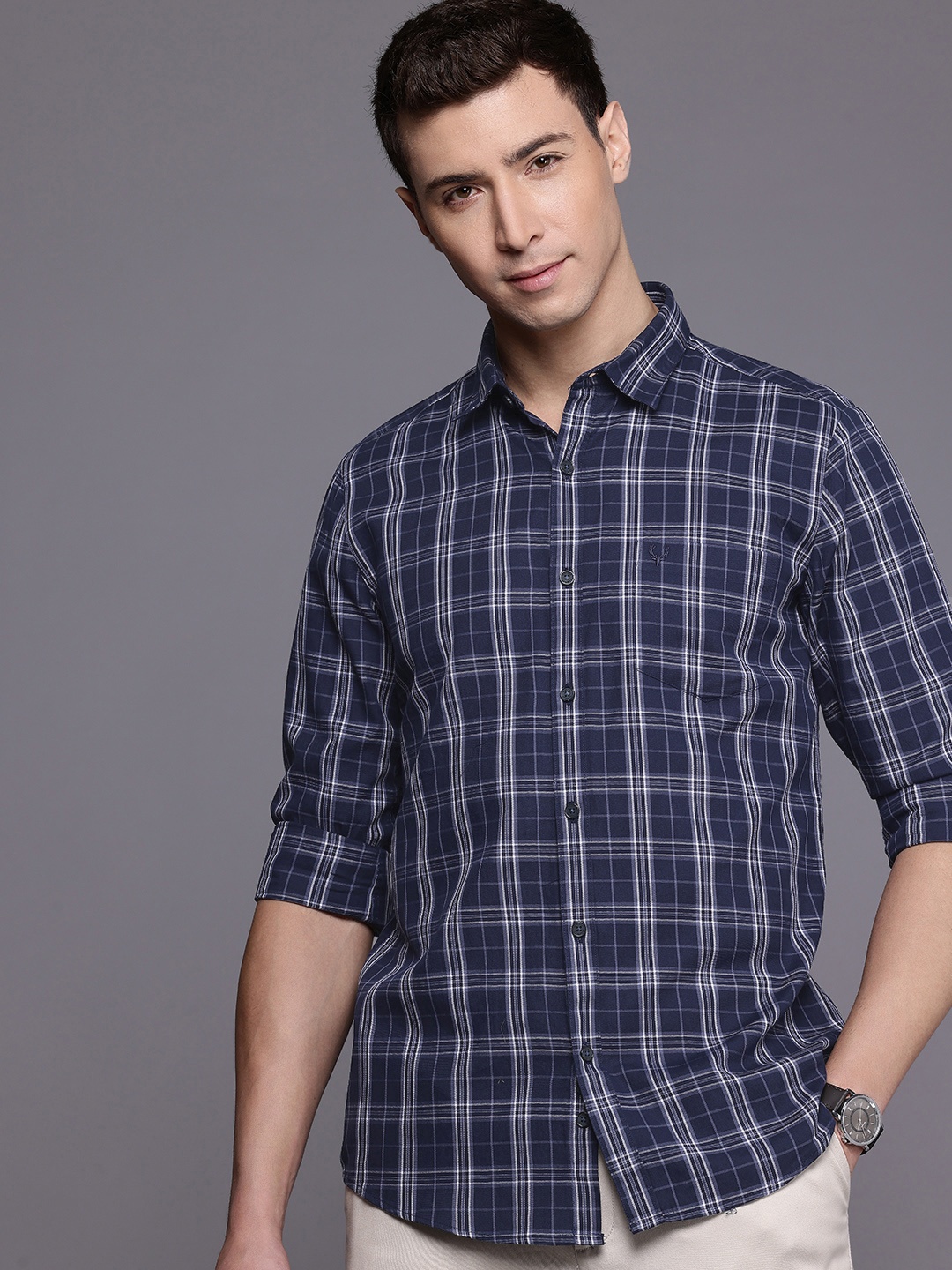 

Allen Solly Modern Fit Opaque Checked Pure Cotton Casual Shirt, Navy blue