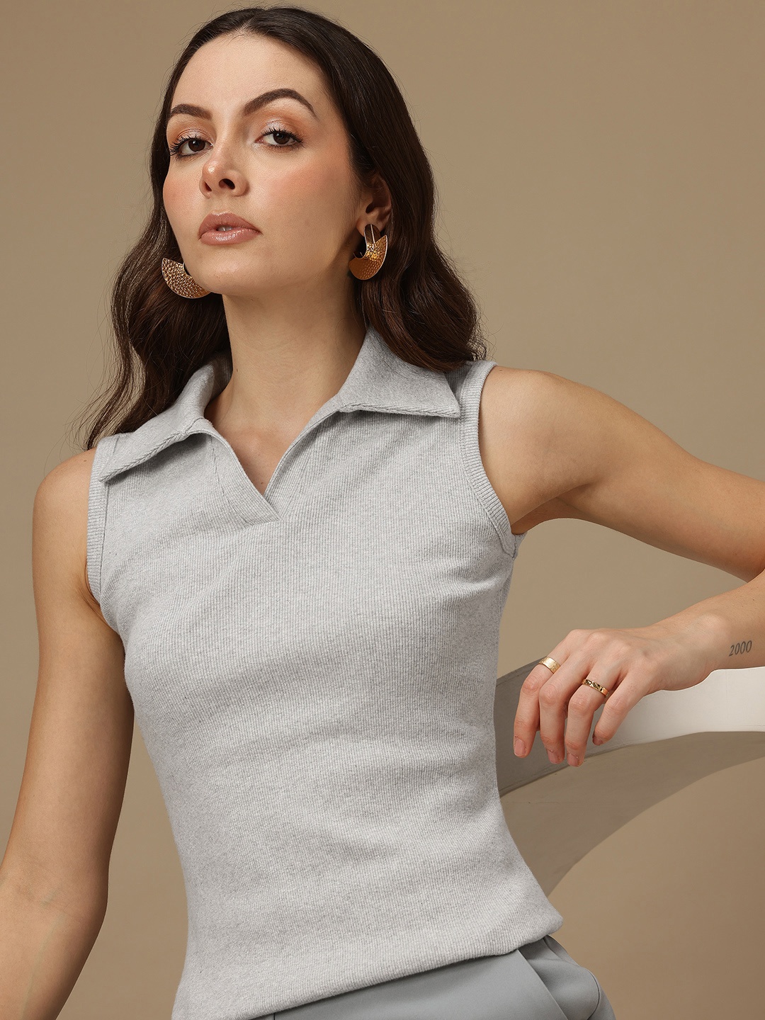 

Chemistry Polo Collar Sleeveless Ribbed Top, Grey melange
