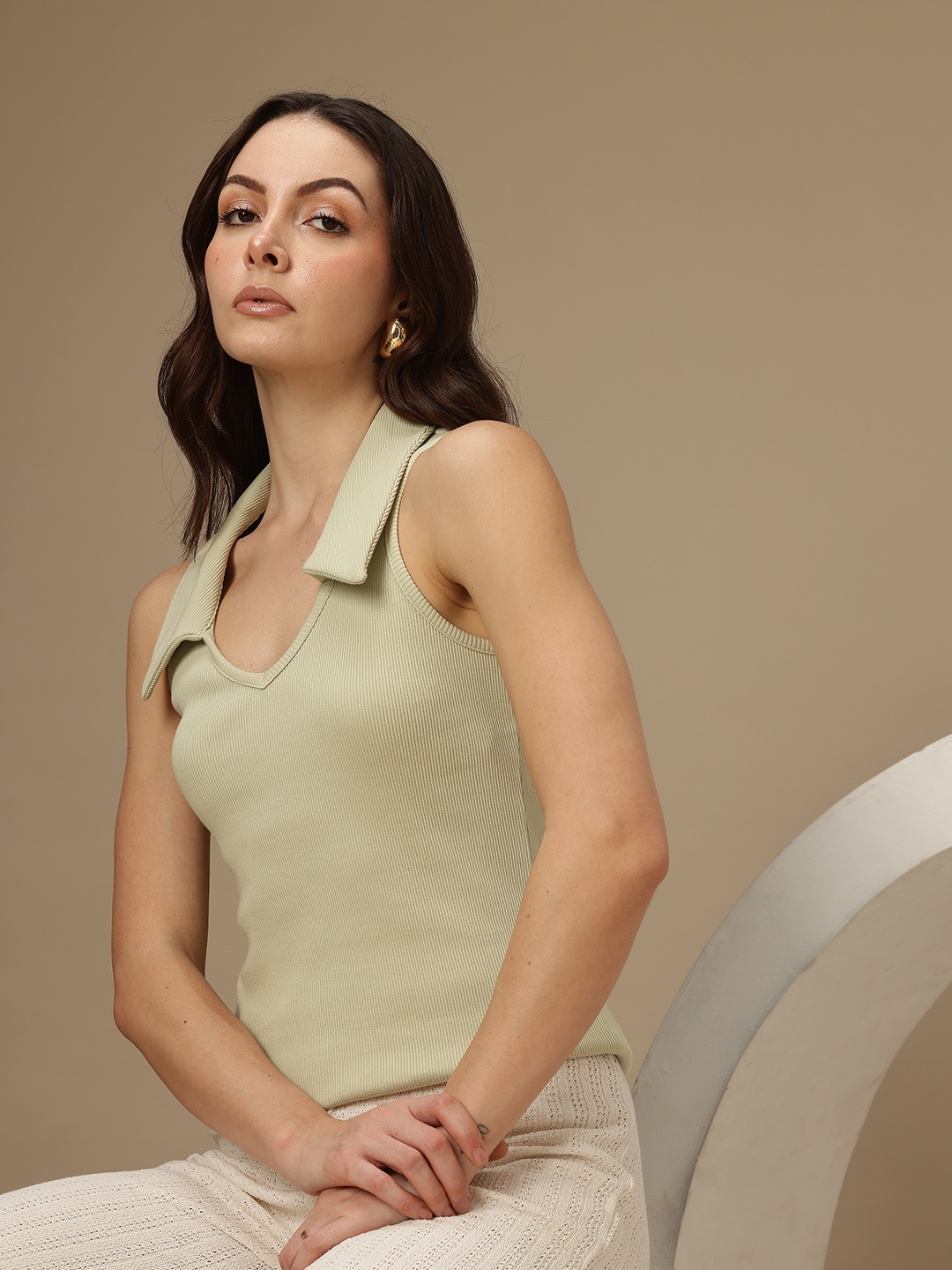 

Chemistry Polo Collar Sleeveless Ribbed Top, Beige