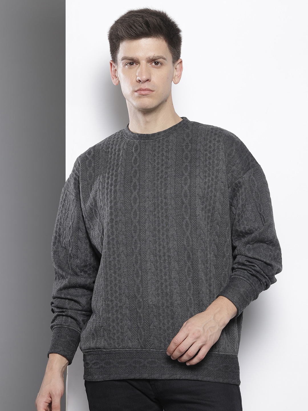 The Indian Garage Co Oversized Self Design Textured Sweatshirt, Grey