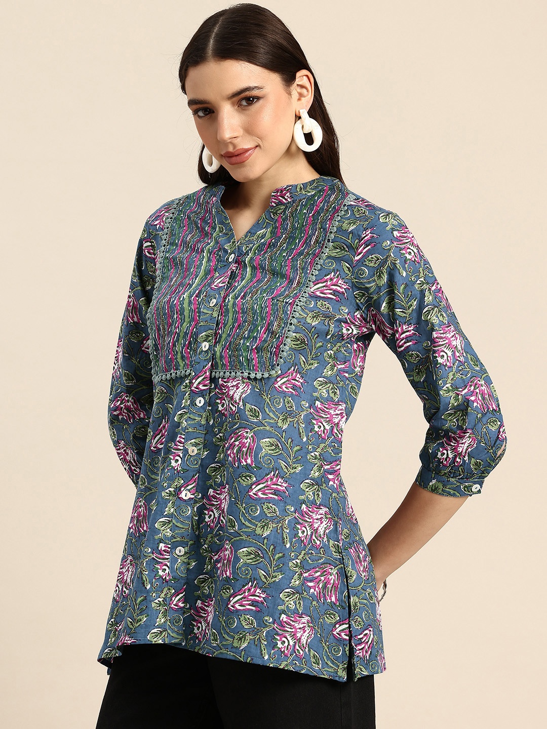 

A&K Floral Print Mandarin Collar Pure Cotton Top, Blue