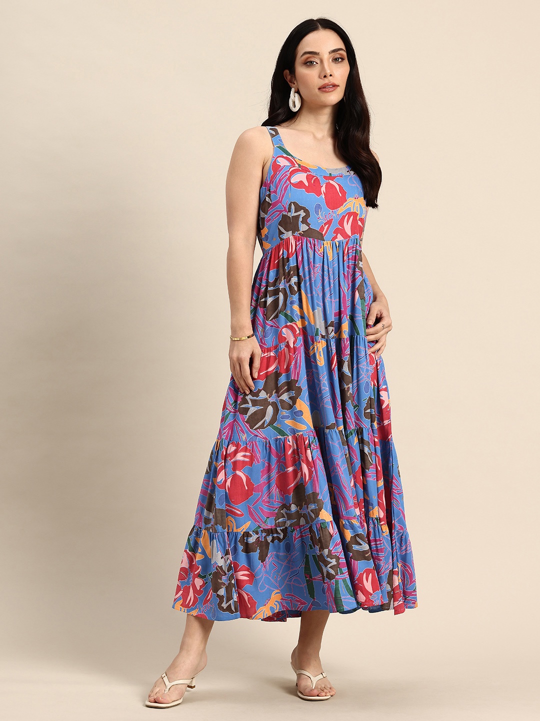 

A&K Floral Printed Round Neck Tiered Fit & Flare Midi Ethnic Dress, Blue