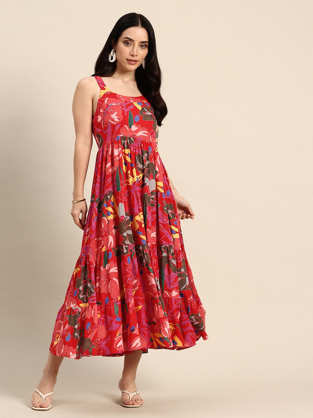 

A&K Floral Printed Round Neck Tiered Fit & Flare Midi Ethnic Dress, Red