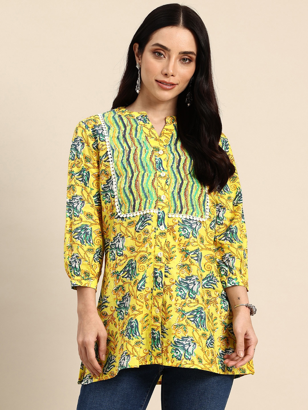 

A&K Floral Print Mandarin Collar Pure Cotton Top, Yellow