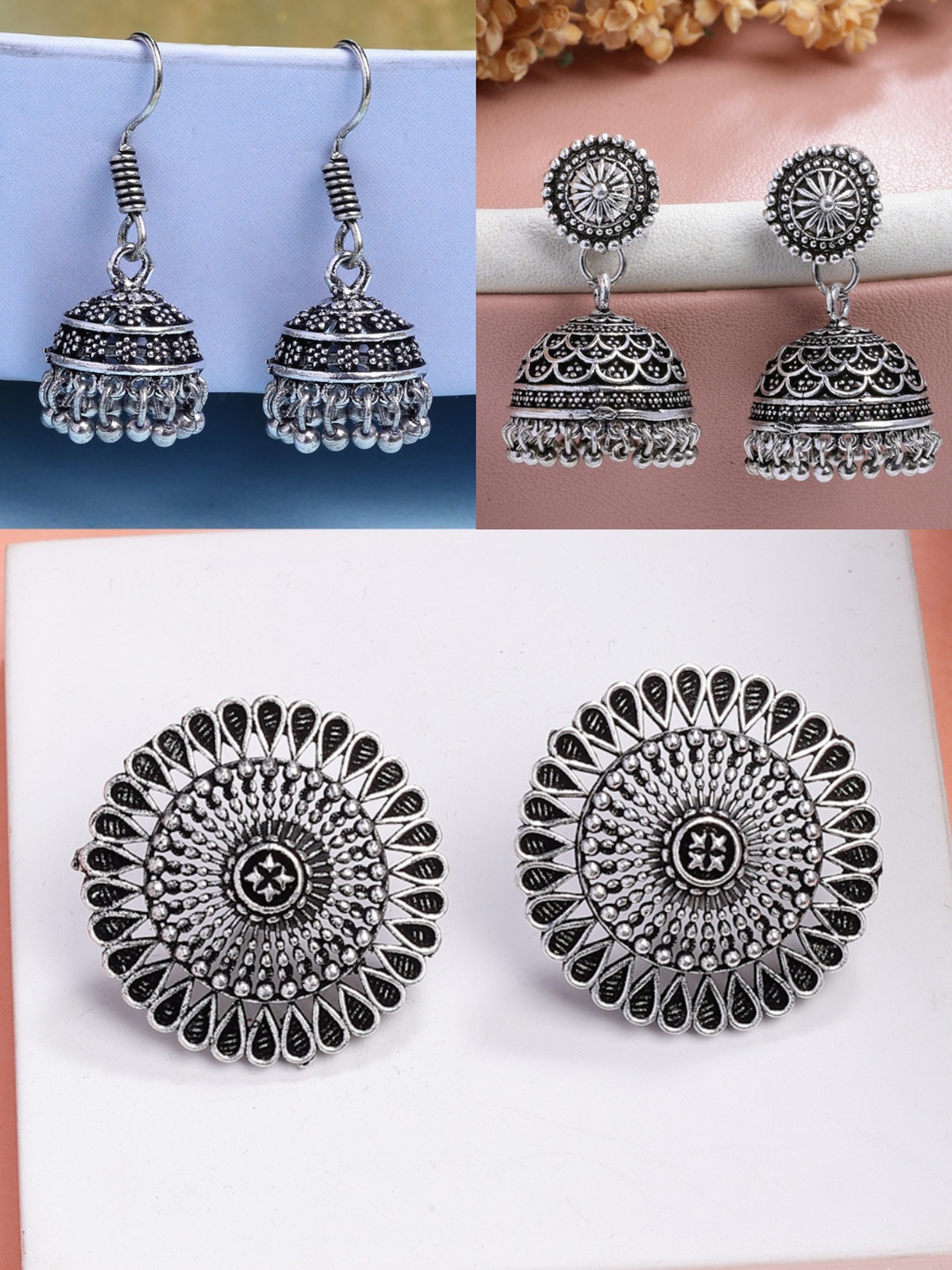 

NVR Set of 3 Silver Plated Round Shape Oxidised Traditional Jhumka & Stud Earrings