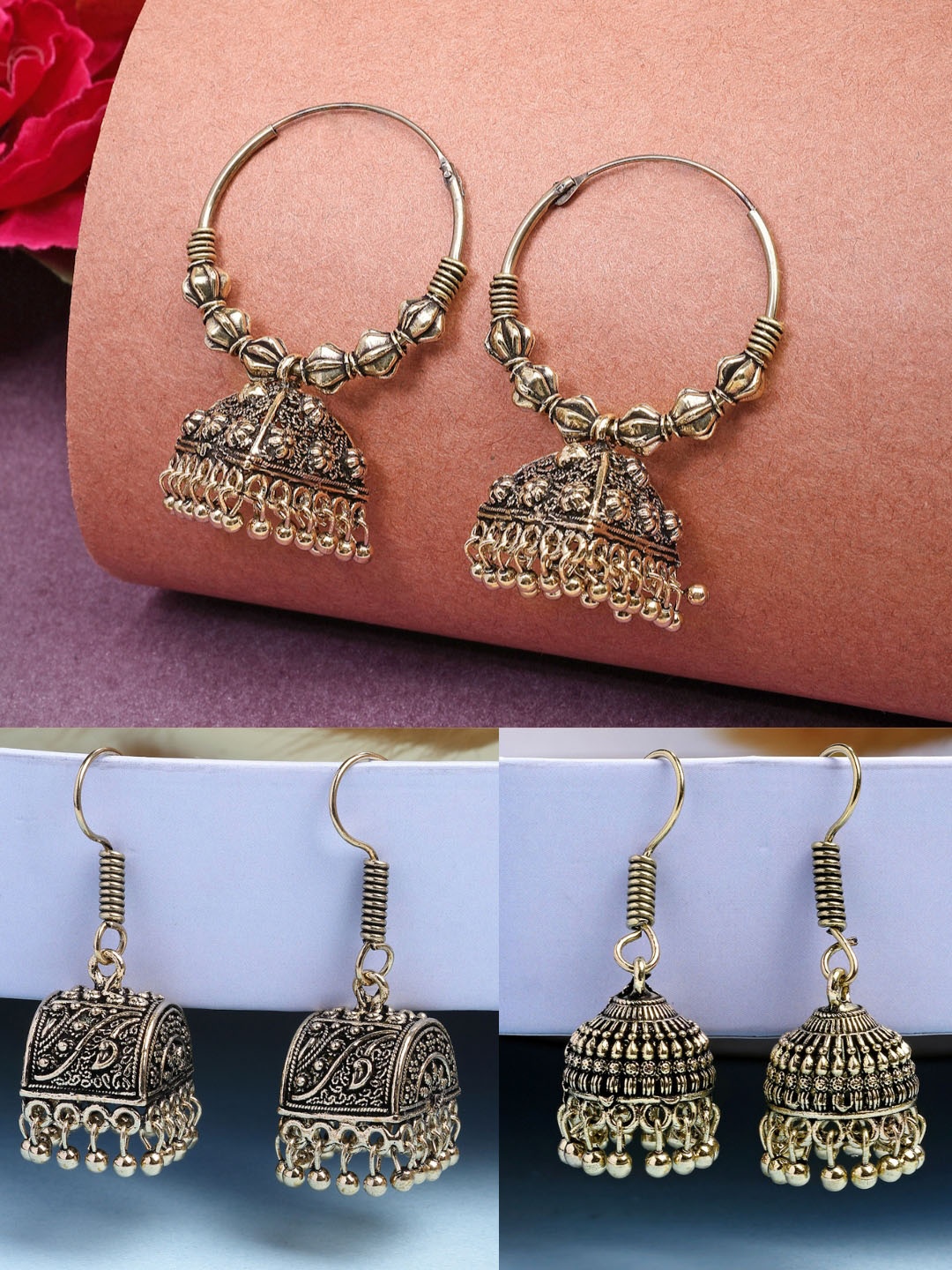 

NVR Set Of 3 German Silver Gold Plated Oxidised Dome Shaped Jhumka Earrings