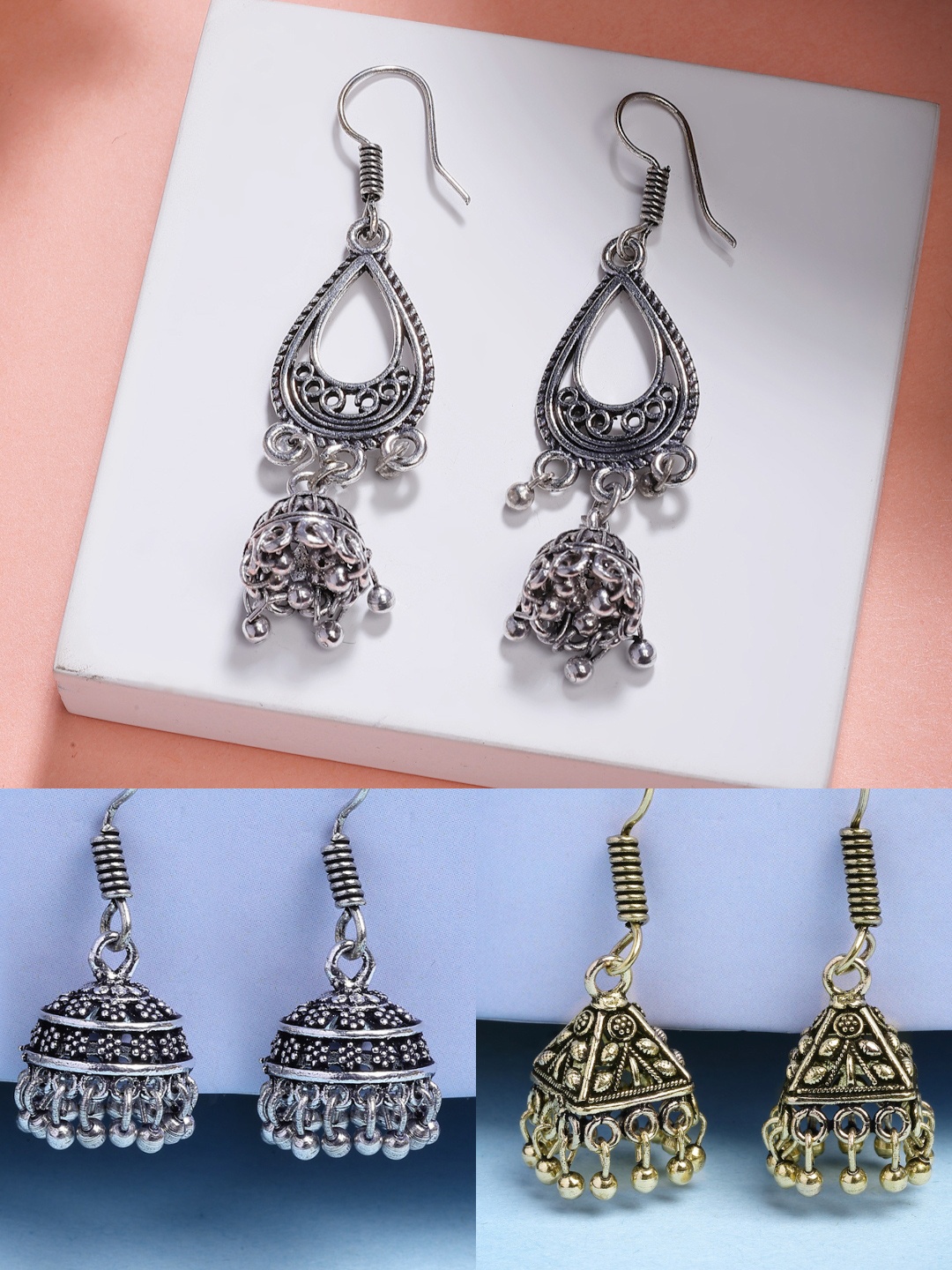 

NVR Set of 3 German Silver Oxidised Traditional Fashion Earrings