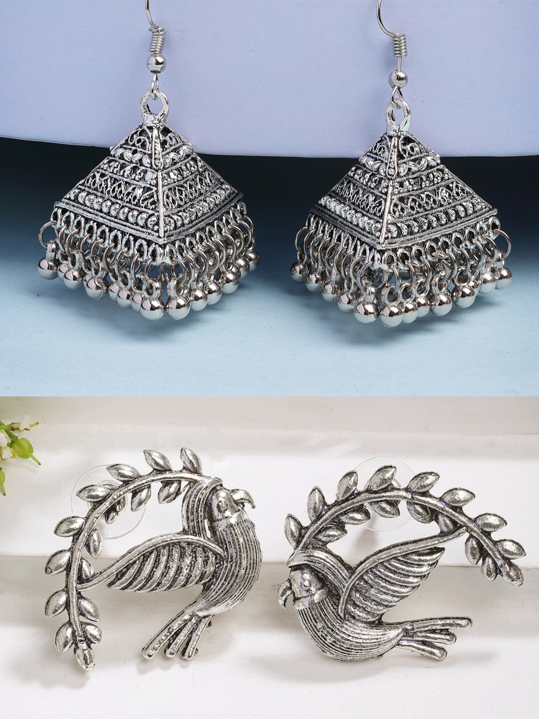 

NVR Women Set Of 2 German Silver Oxidised Silver Plated Jhumka & Stud Earrings