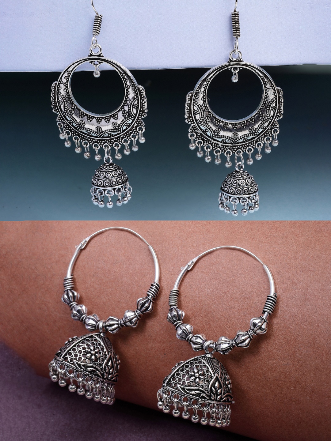 

NVR Women Set of 2 German Silver Oxidised Silver Plated Dome Shaped Jhumka Earrings