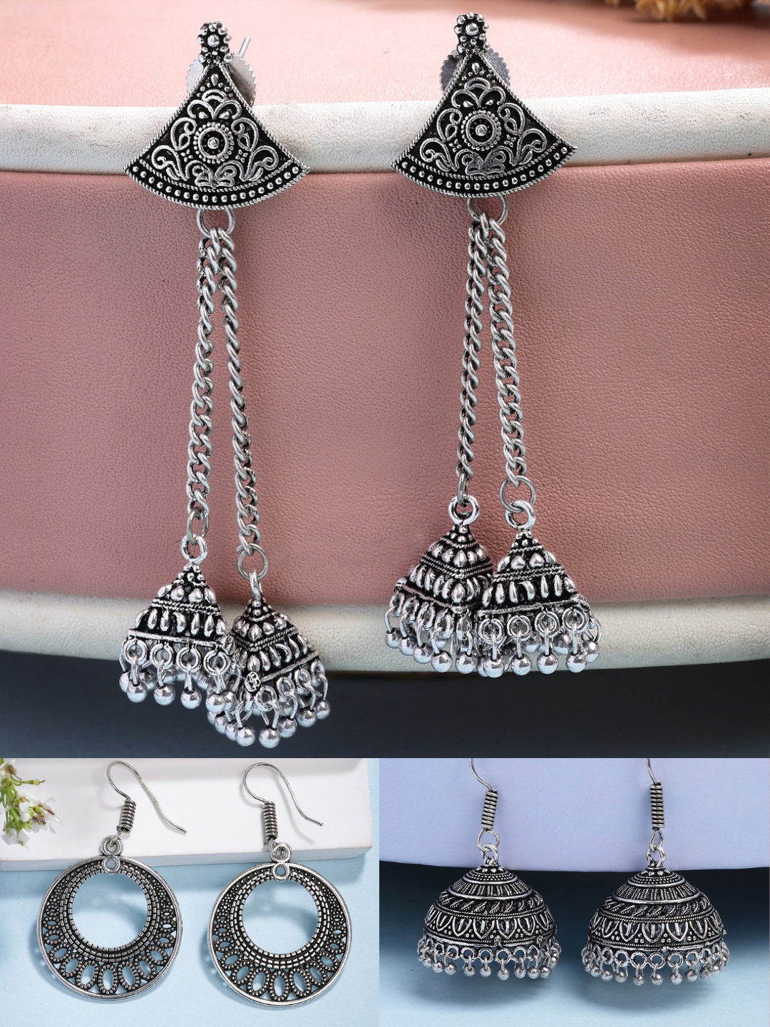 

NVR Women Set of 3 German Silver Oxidised Silver-Plated Jhumka & Chandbali Earrings