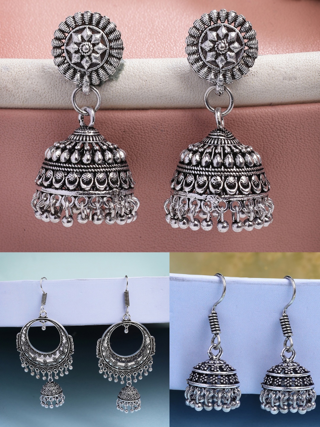 

NVR Women Set of 3 Silver Plated Oxidised Traditional Jhumka Earrings