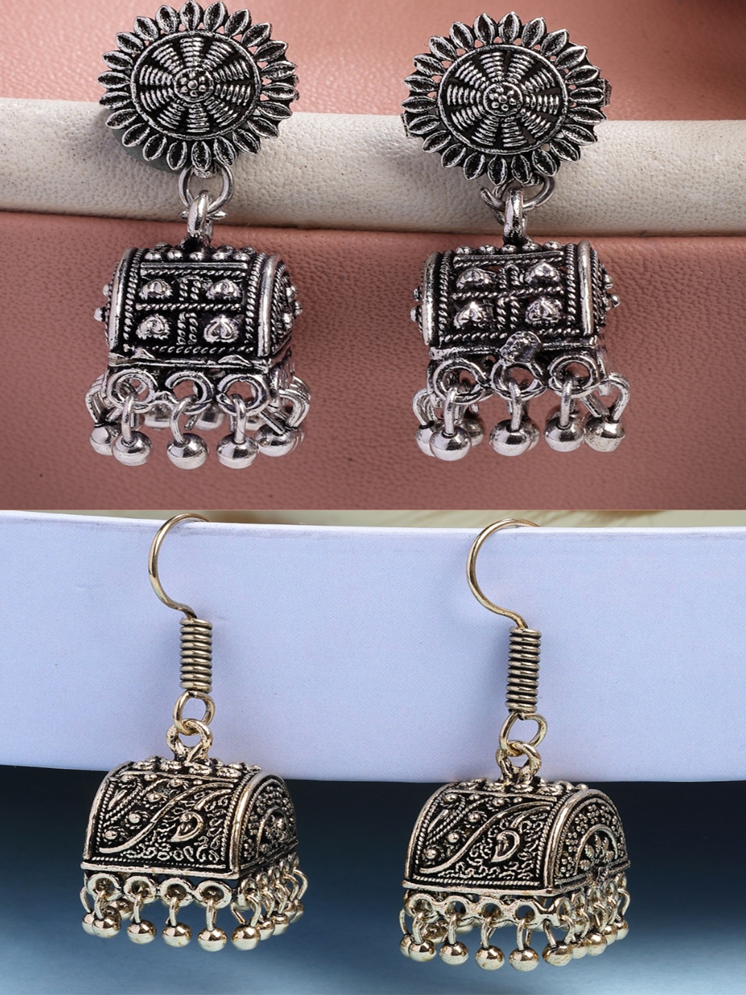 

NVR Women Set of 2 German Silver Gold Plated Oxidised Contemporary Jhumka Earrings