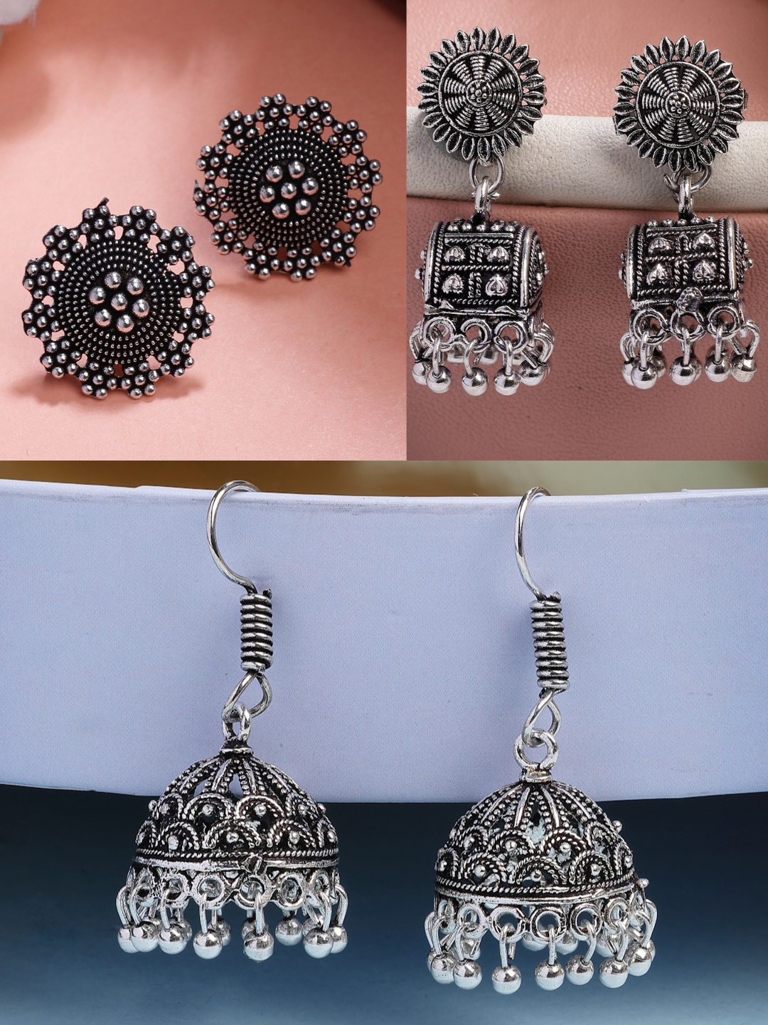 

NVR Women Set of 3 German Silver Oxidised Silver-Plated Jhumkas & Stud Earrings