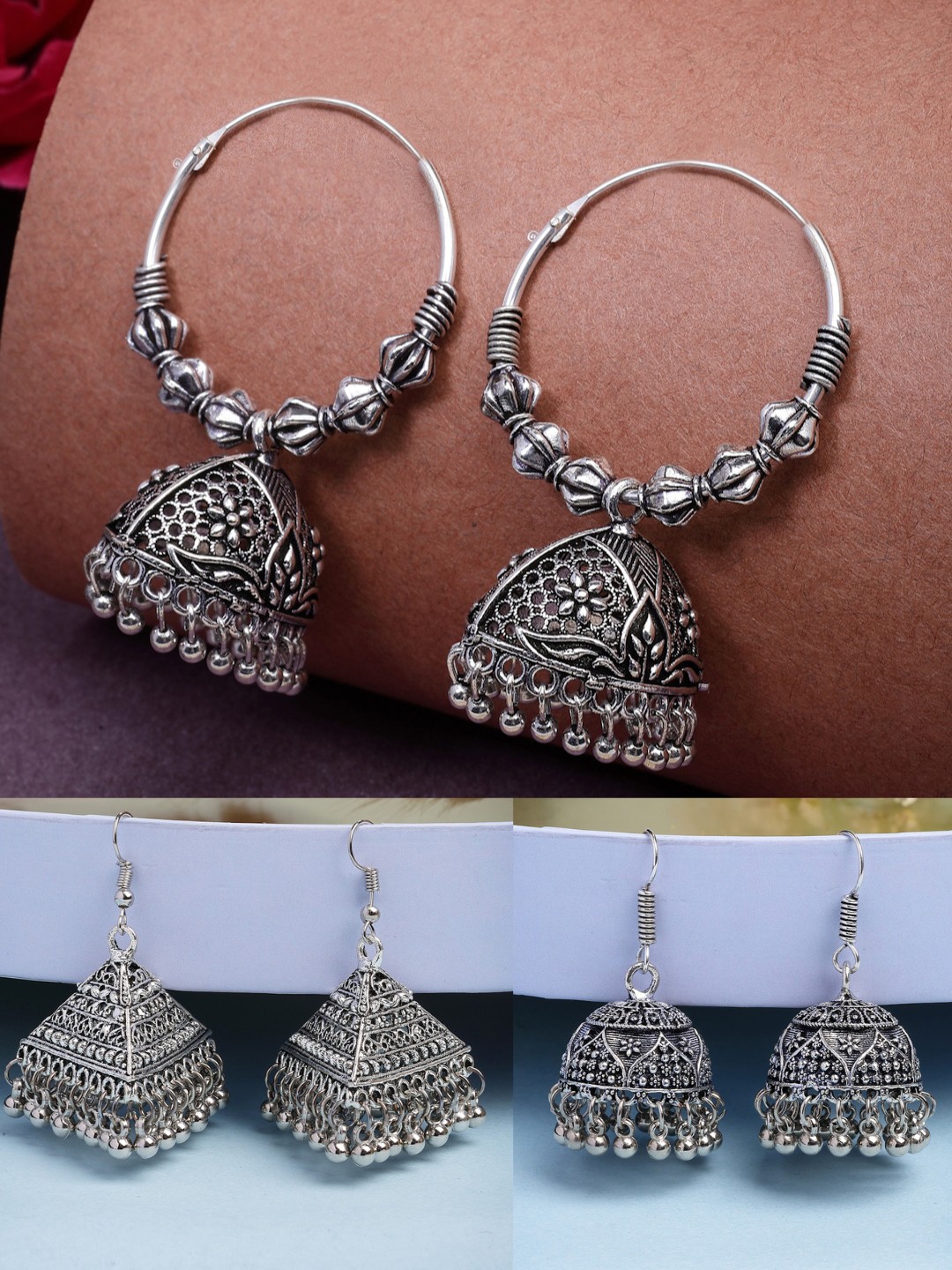

NVR Women Set of 3 German Silver Oxidised Silver Plated Dome Shaped Jhumka Earrings