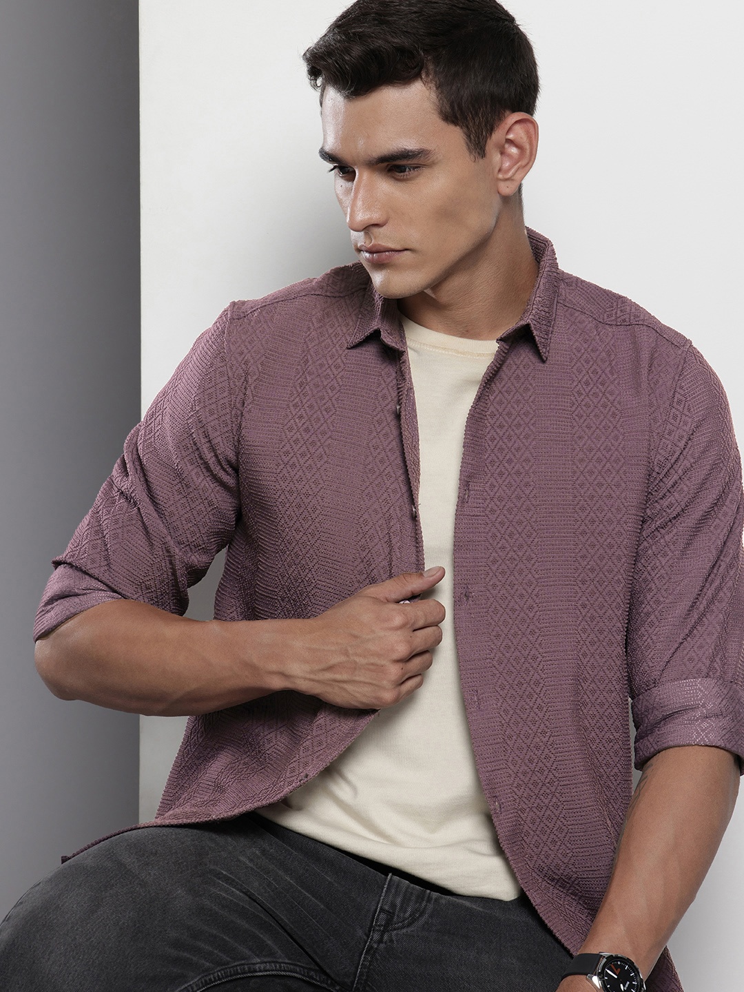 The Indian Garage Co Self Design Opaque Casual Shirt, Purple