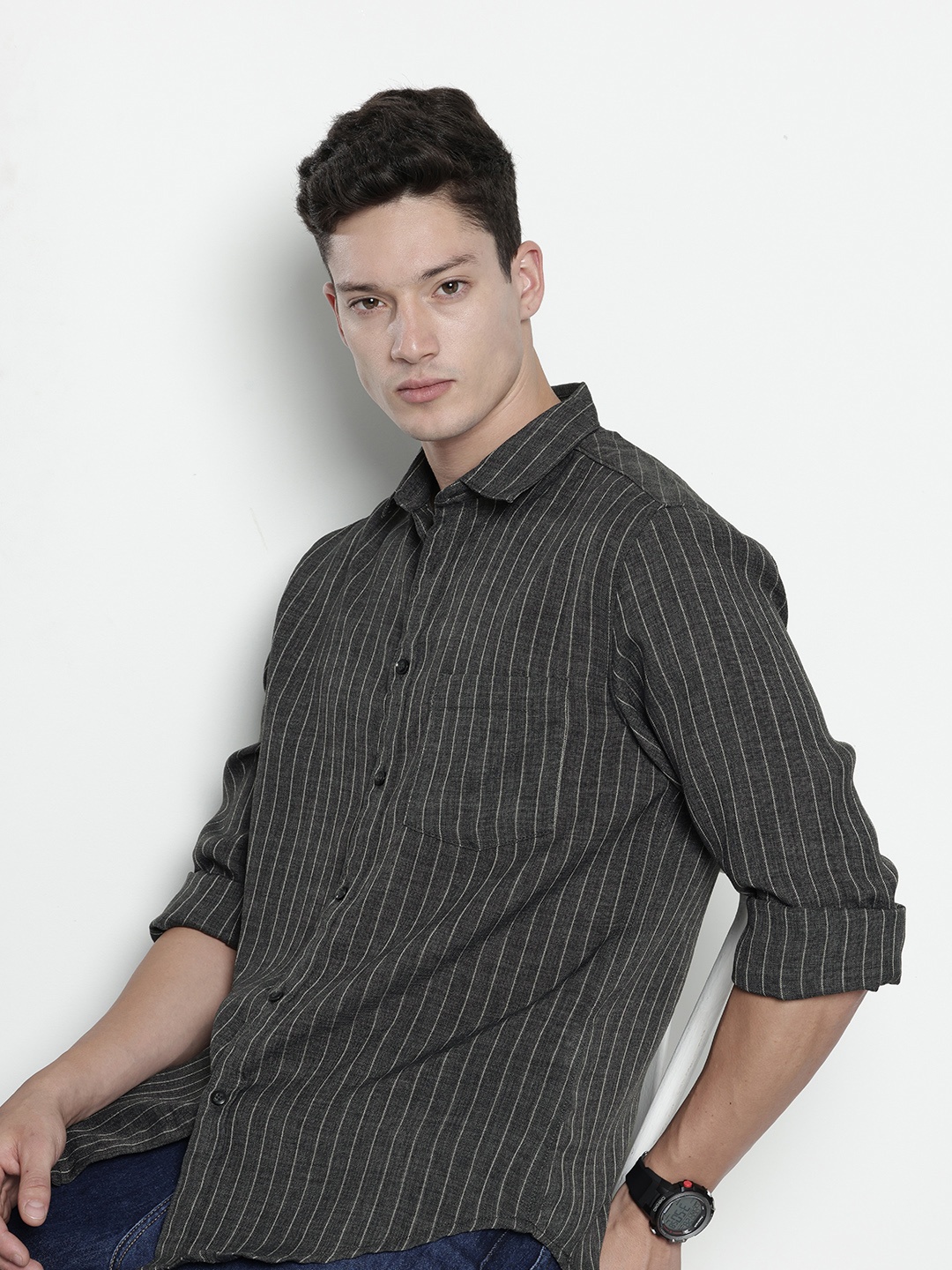 

The Indian Garage Co Slim Fit Opaque Striped Casual Shirt, Grey