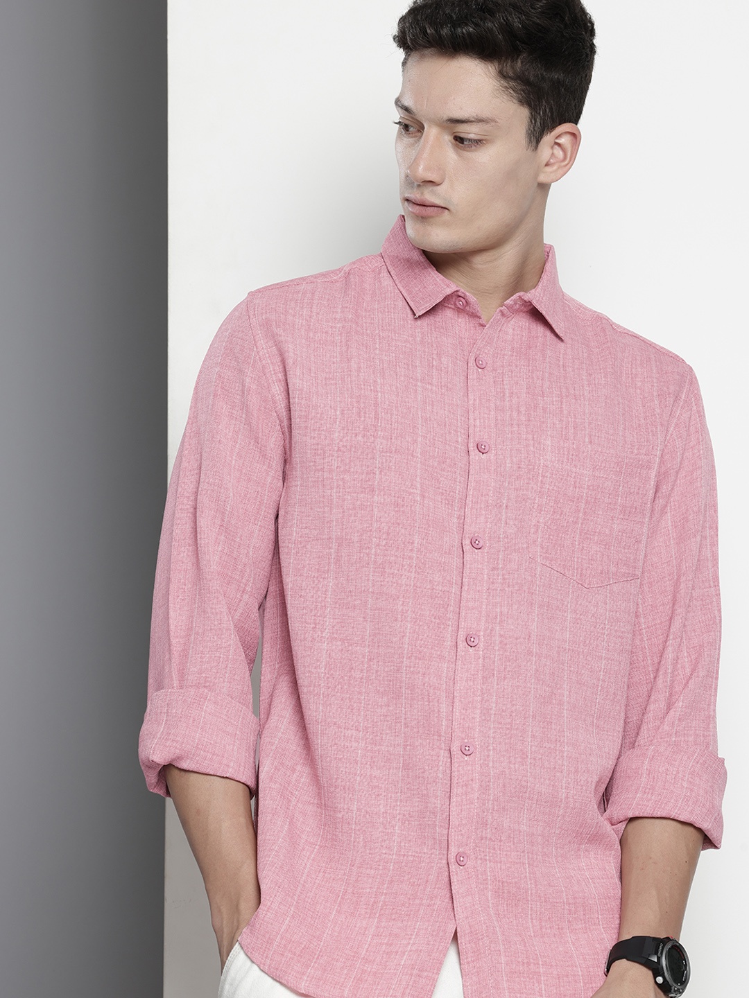 

The Indian Garage Co Slim Fit Vertical Striped Casual Shirt, Pink