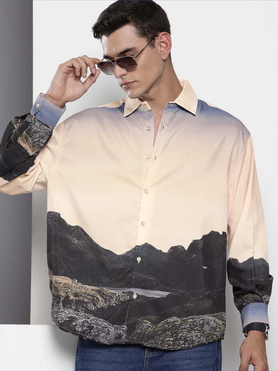 

The Indian Garage Co Opaque Graphic Printed Oversized Casual Shirt, Beige