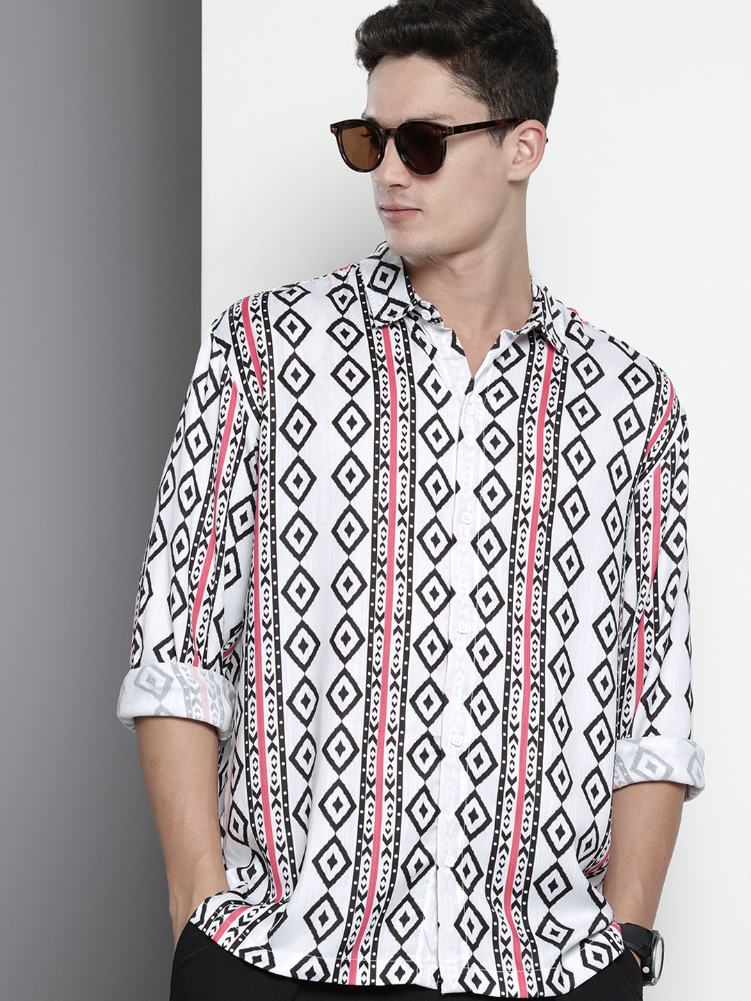 The Indian Garage Co Opaque Printed Relaxed Fit Casual Shirt, White