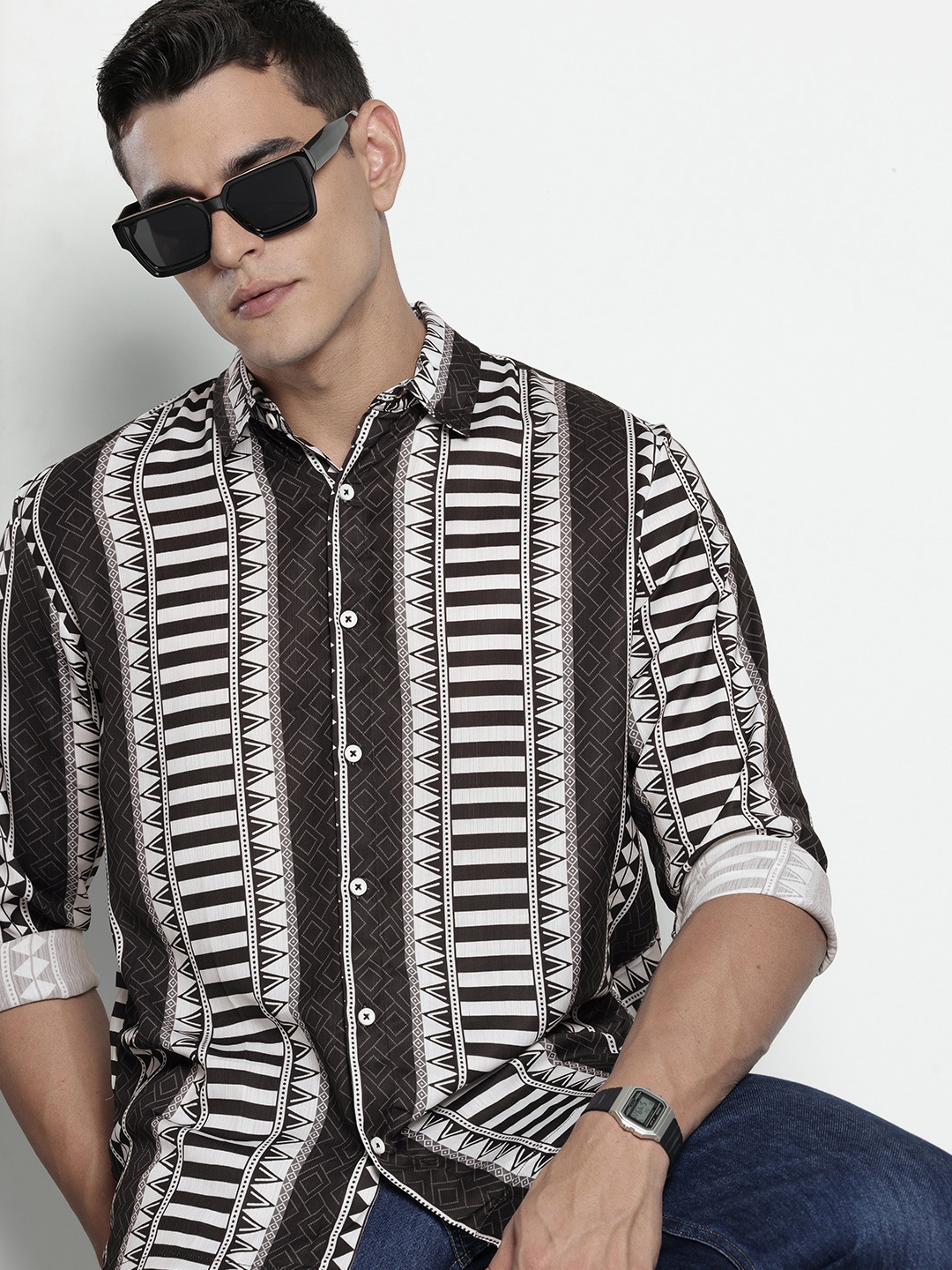 The Indian Garage Co Relaxed Fit Geometric Printed Casual Shirt, Black