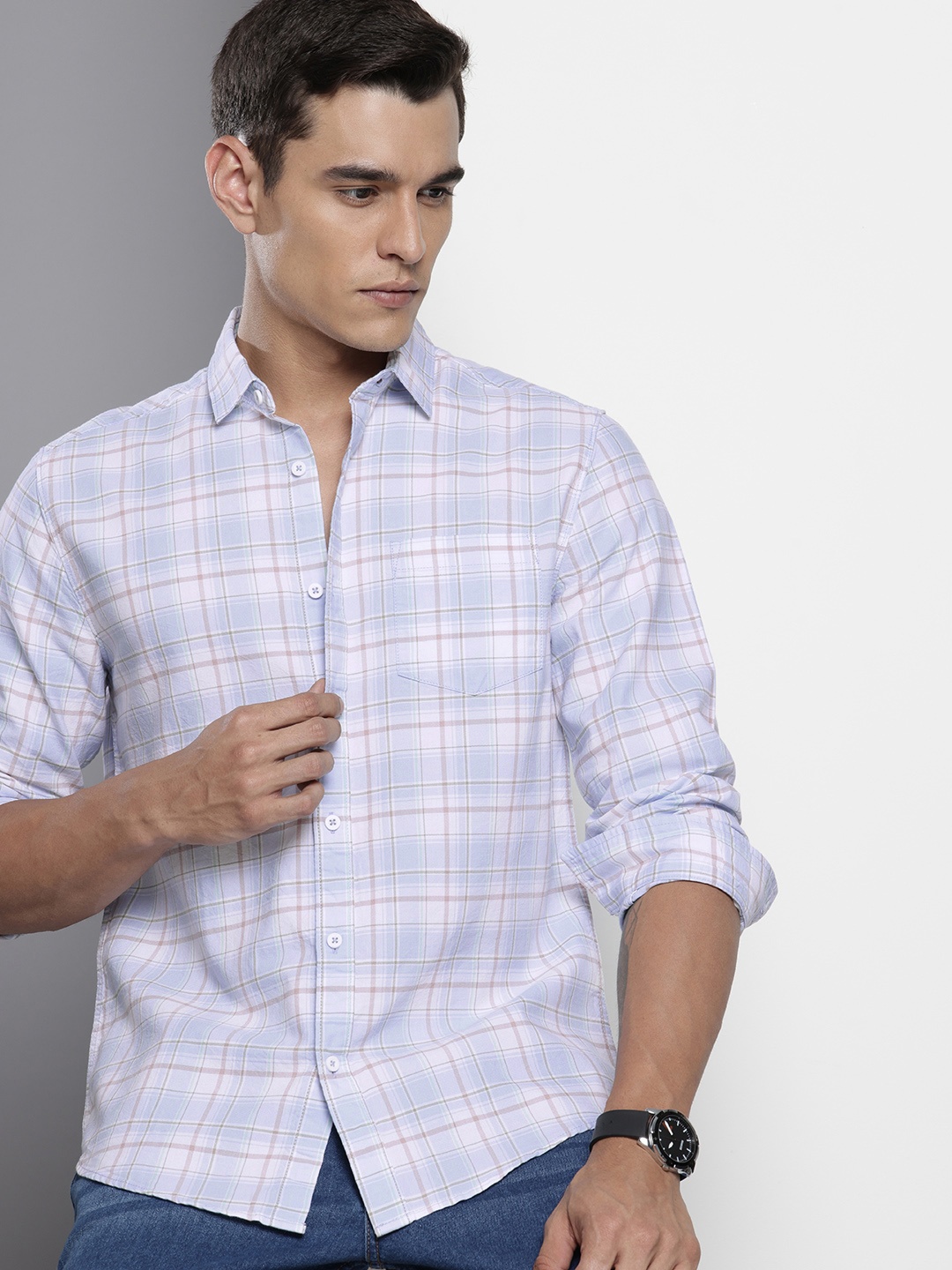 

The Indian Garage Co Pure Cotton Slim Fit Opaque Checked Casual Shirt, Blue