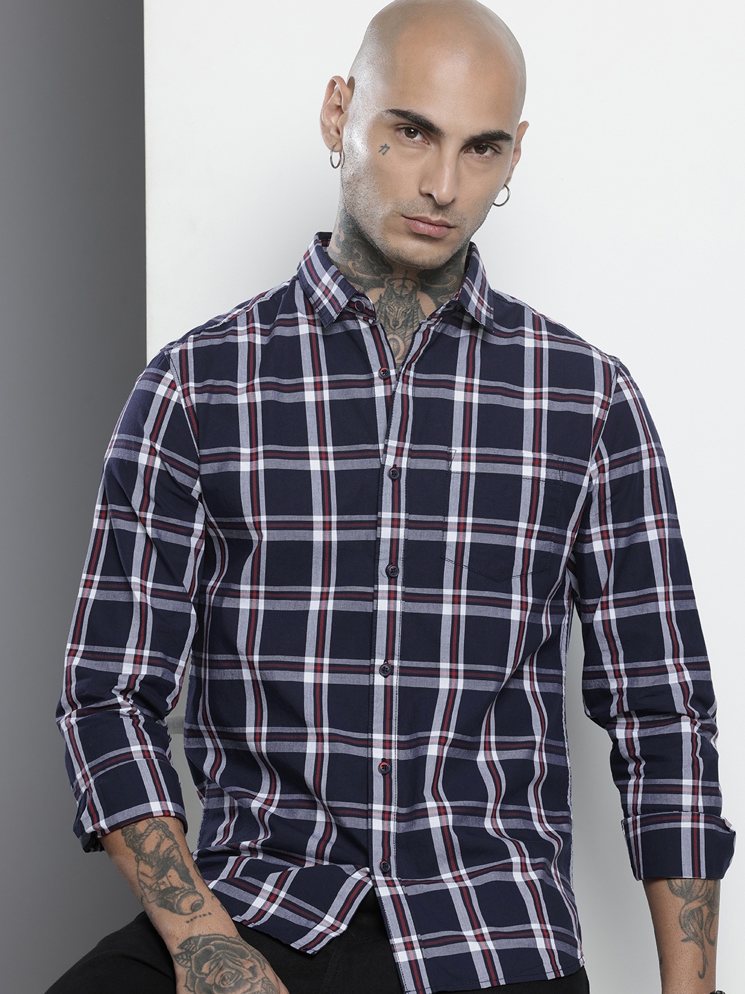 

The Indian Garage Co Pure Cotton Slim Fit Tartan Checks Casual Shirt, Navy blue