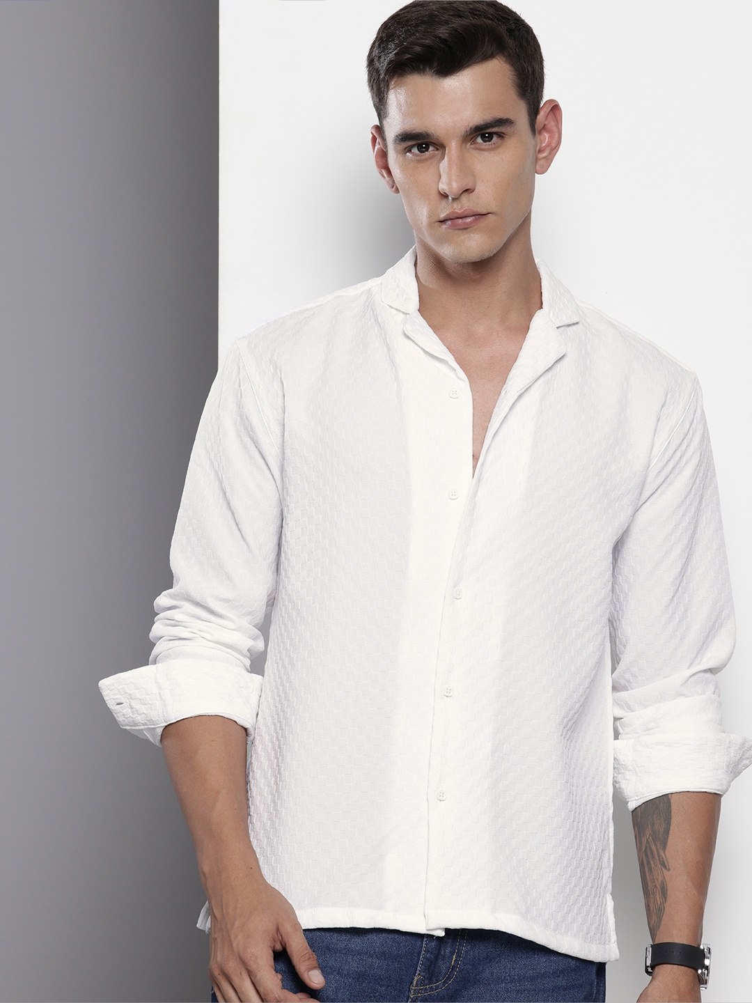 The Indian Garage Co Self Design Opaque Relaxed Fit Casual Shirt, White