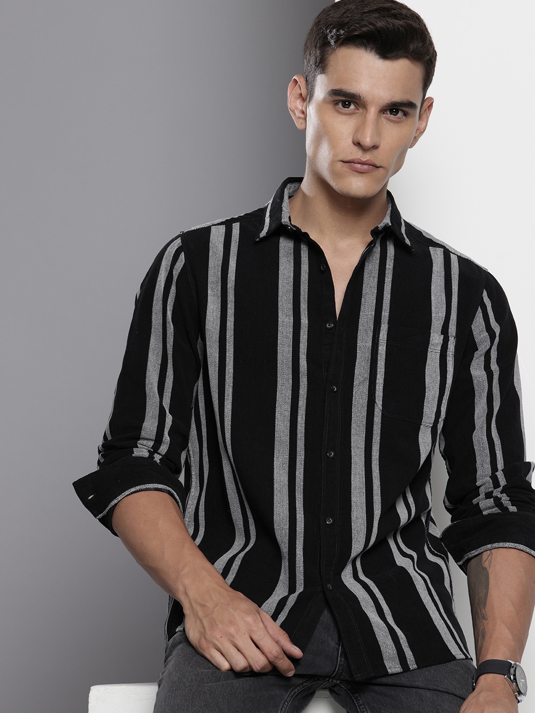 

The Indian Garage Co Pure Cotton Striped Corduroy Casual Shirt, Black