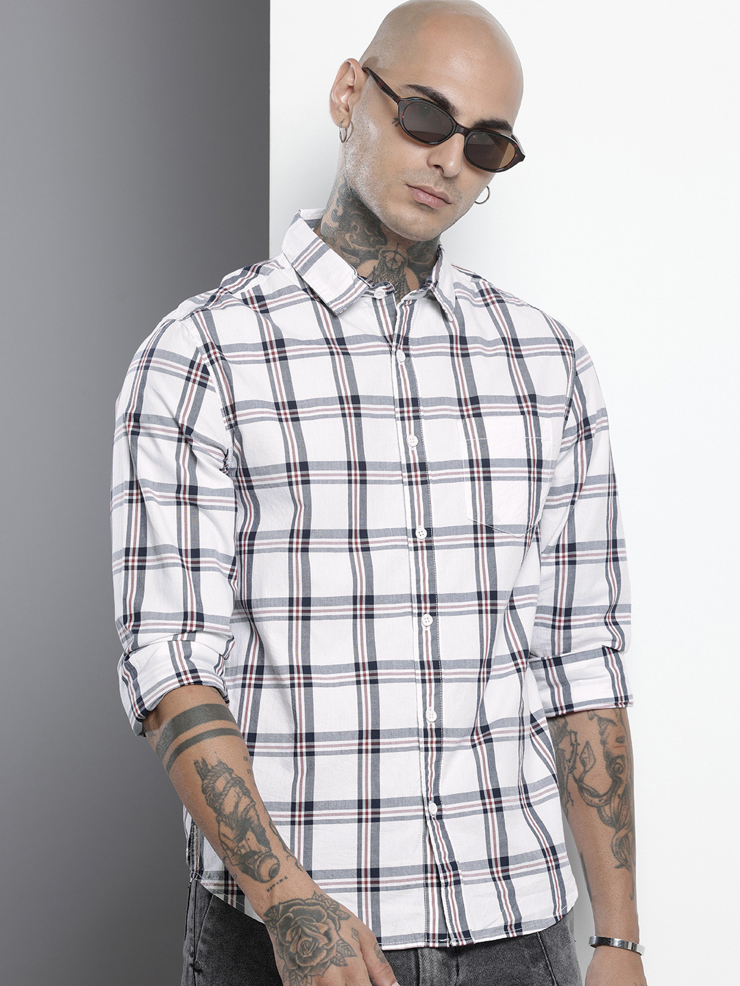 

The Indian Garage Co Slim Fit Checked Pure Cotton Casual Shirt, White