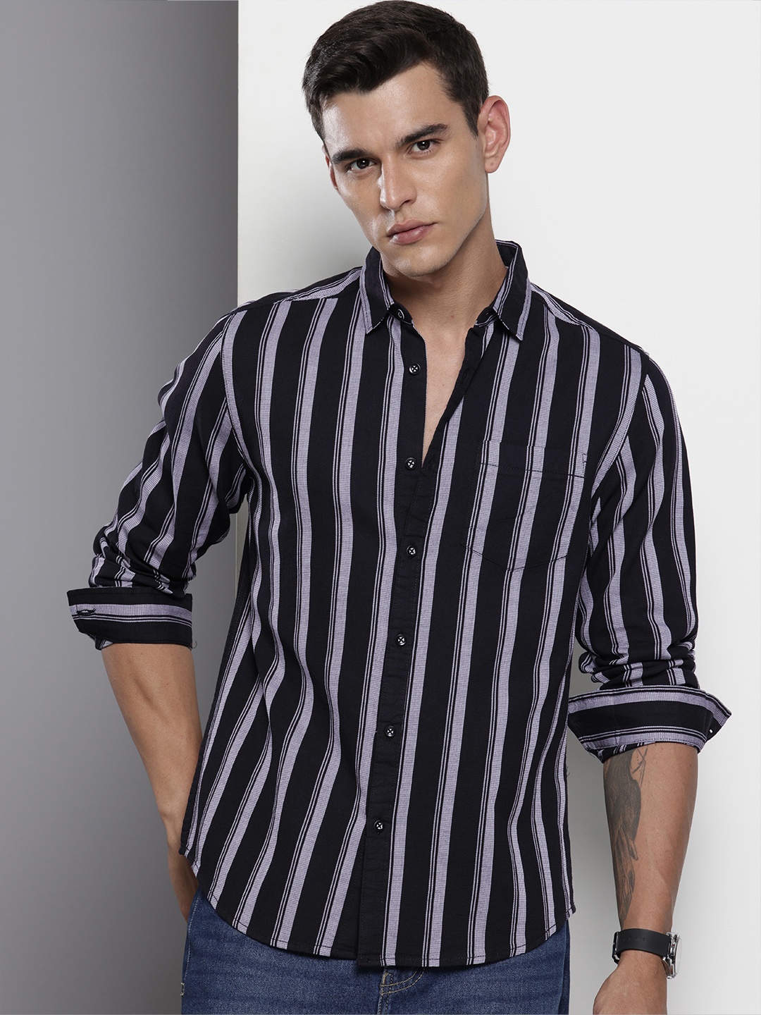 

The Indian Garage Co Pure Cotton Slim Fit Opaque Striped Casual Shirt, Black