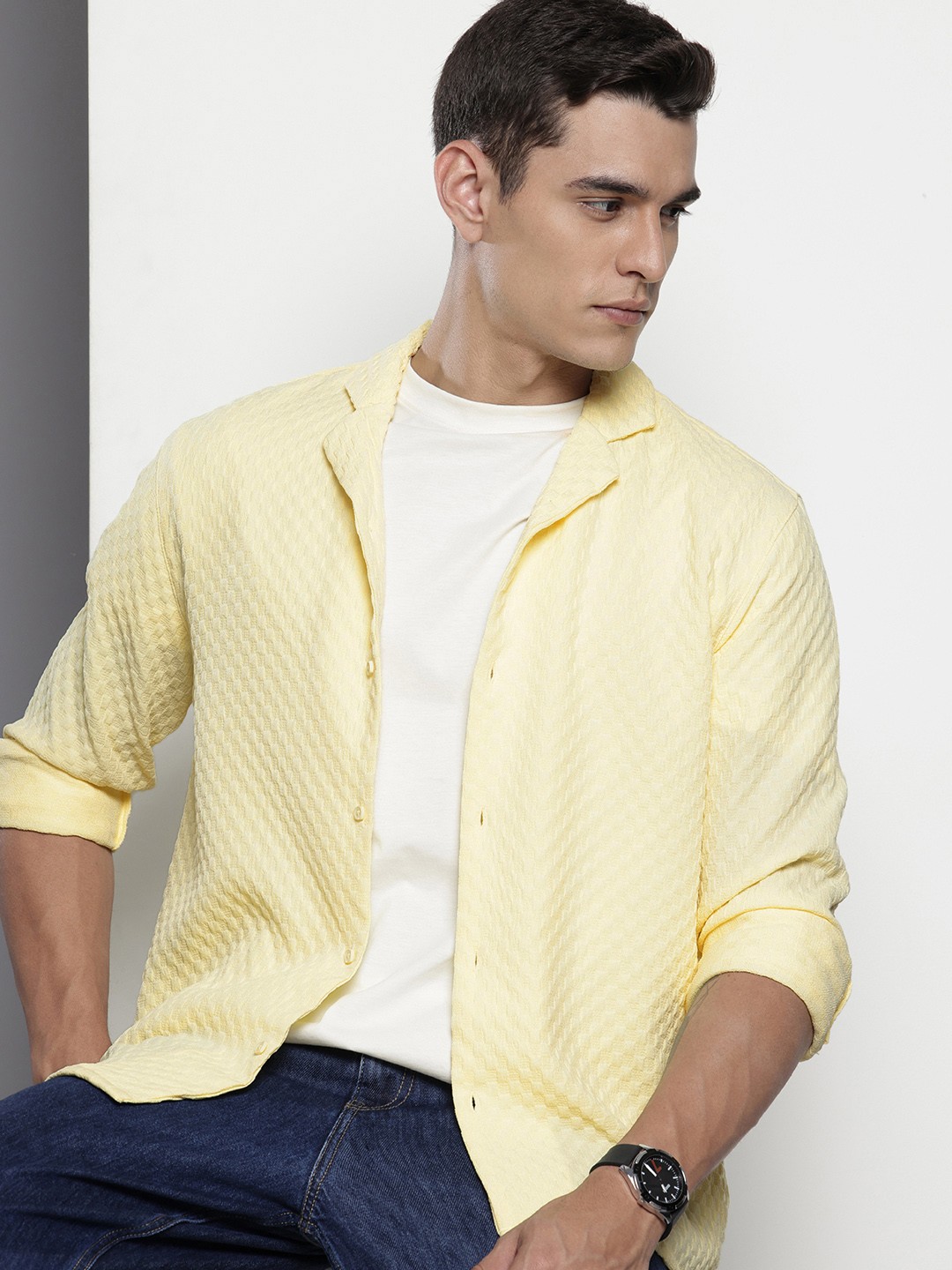 

The Indian Garage Co Textured Drop-Shoulder Sleeves Relaxed Fit Casual Shirt, Yellow