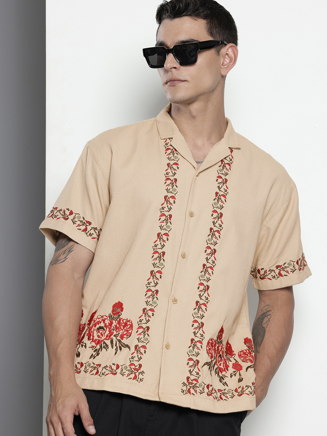 

The Indian Garage Co. Relaxed Fit Opaque Floral Embroidered Pure Cotton Casual Shirt, Beige