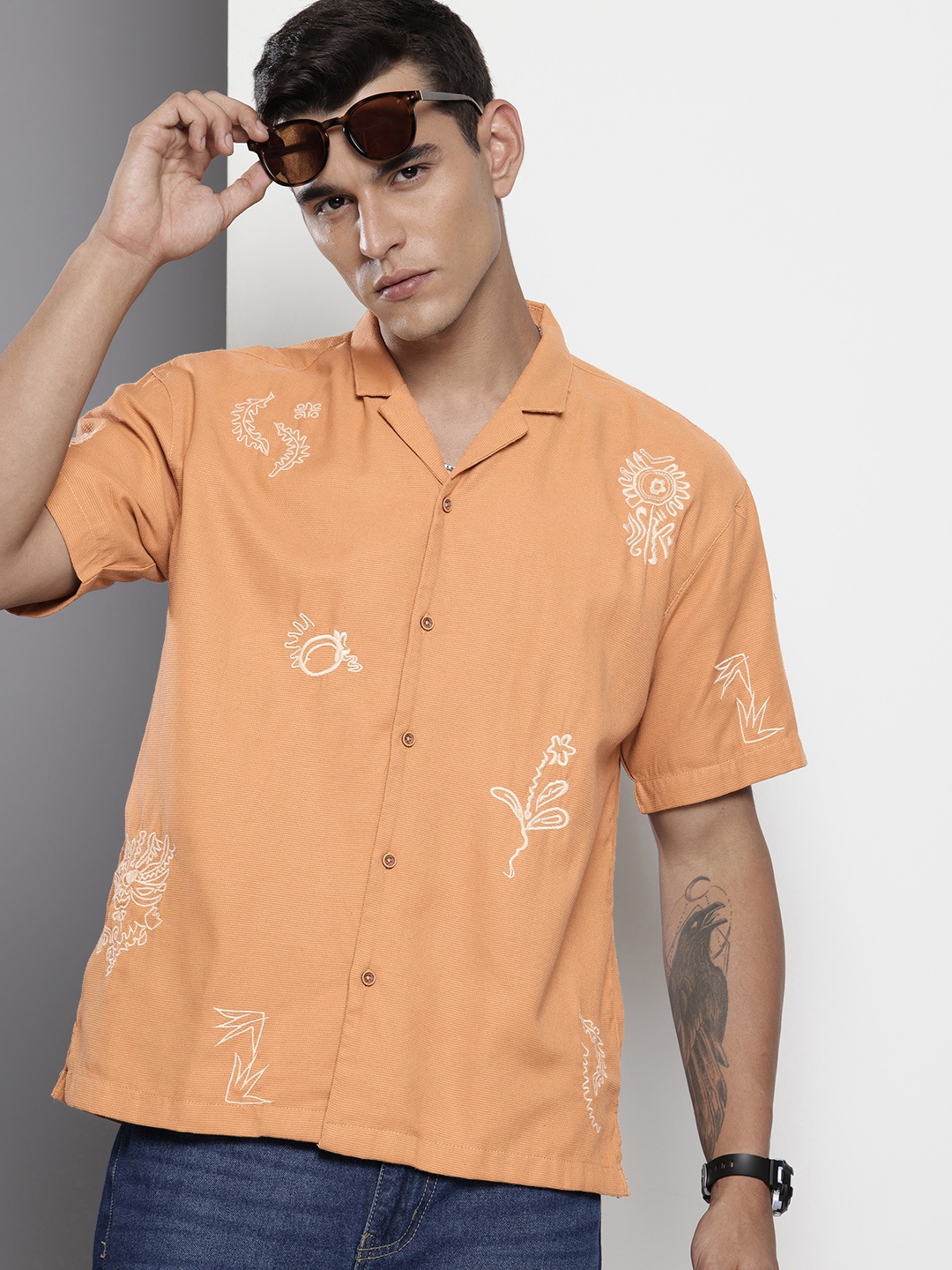 

The Indian Garage Co Pure Cotton Embroidered Opaque Relaxed Fit Casual Shirt, Peach