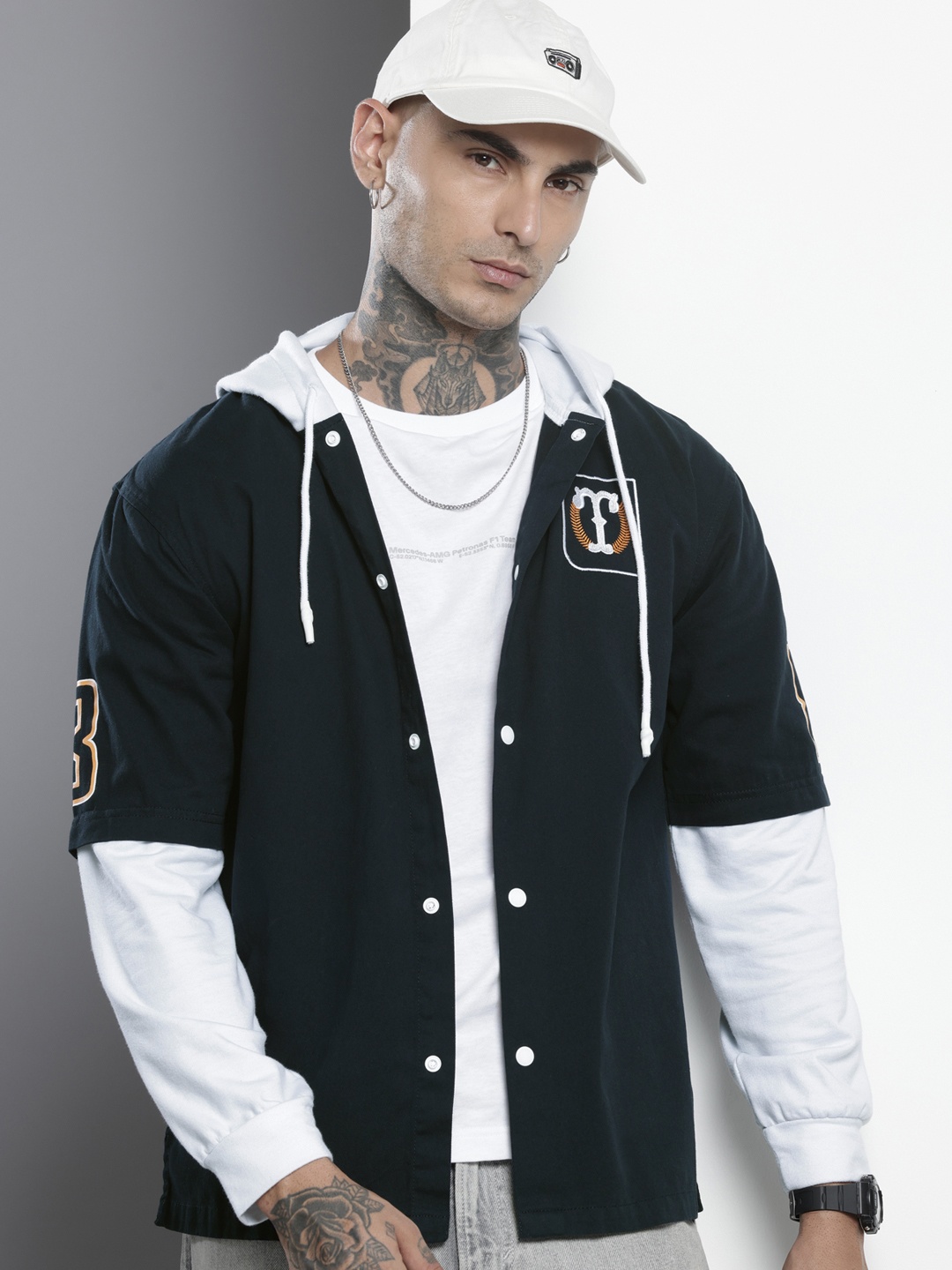 

The Indian Garage Co Pure Cotton Doctor Sleeves Printed Hooded Relaxed Casual Shirt, Navy blue