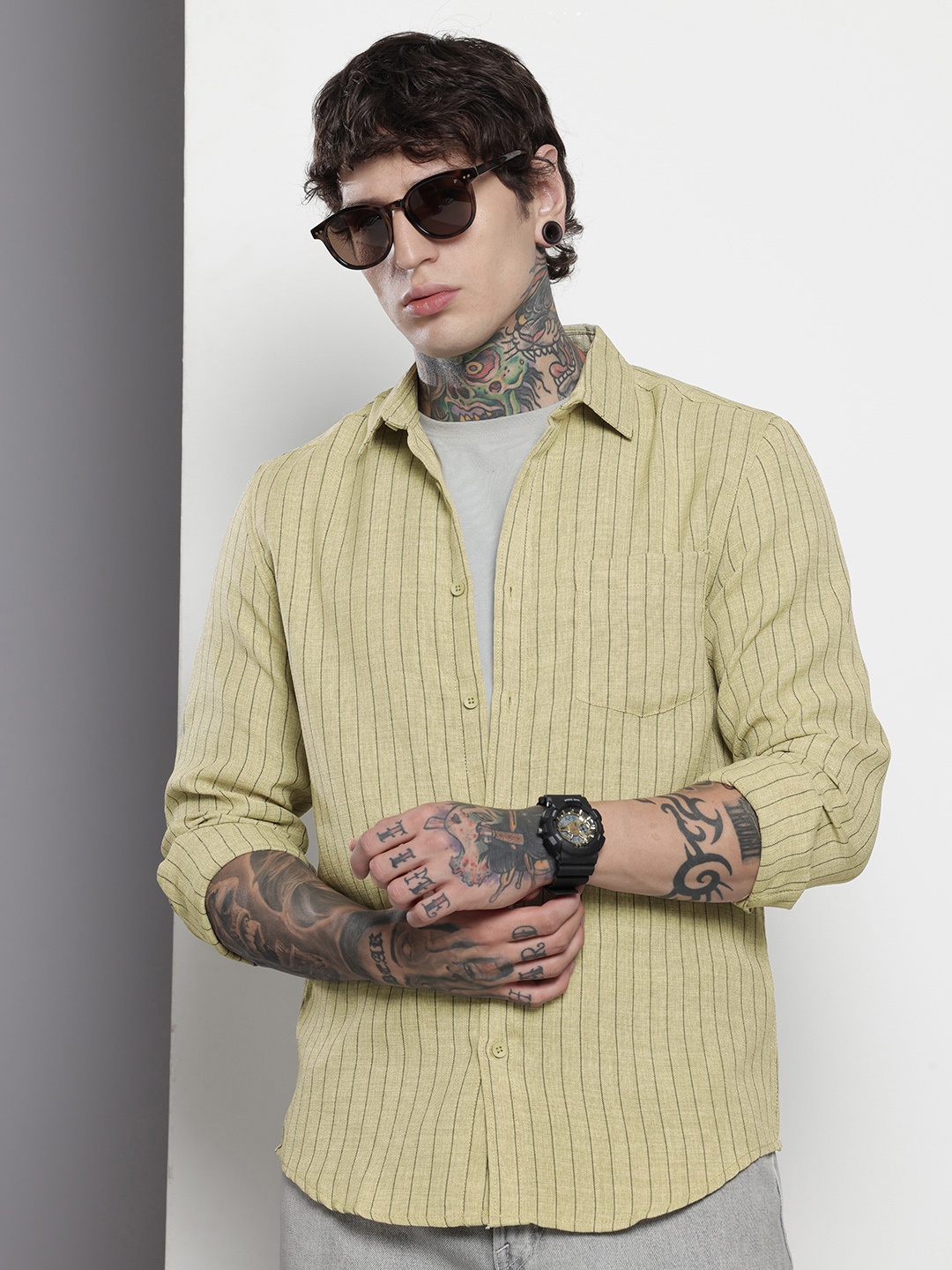 

The Indian Garage Co Slim Fit Striped Casual Shirt, Olive